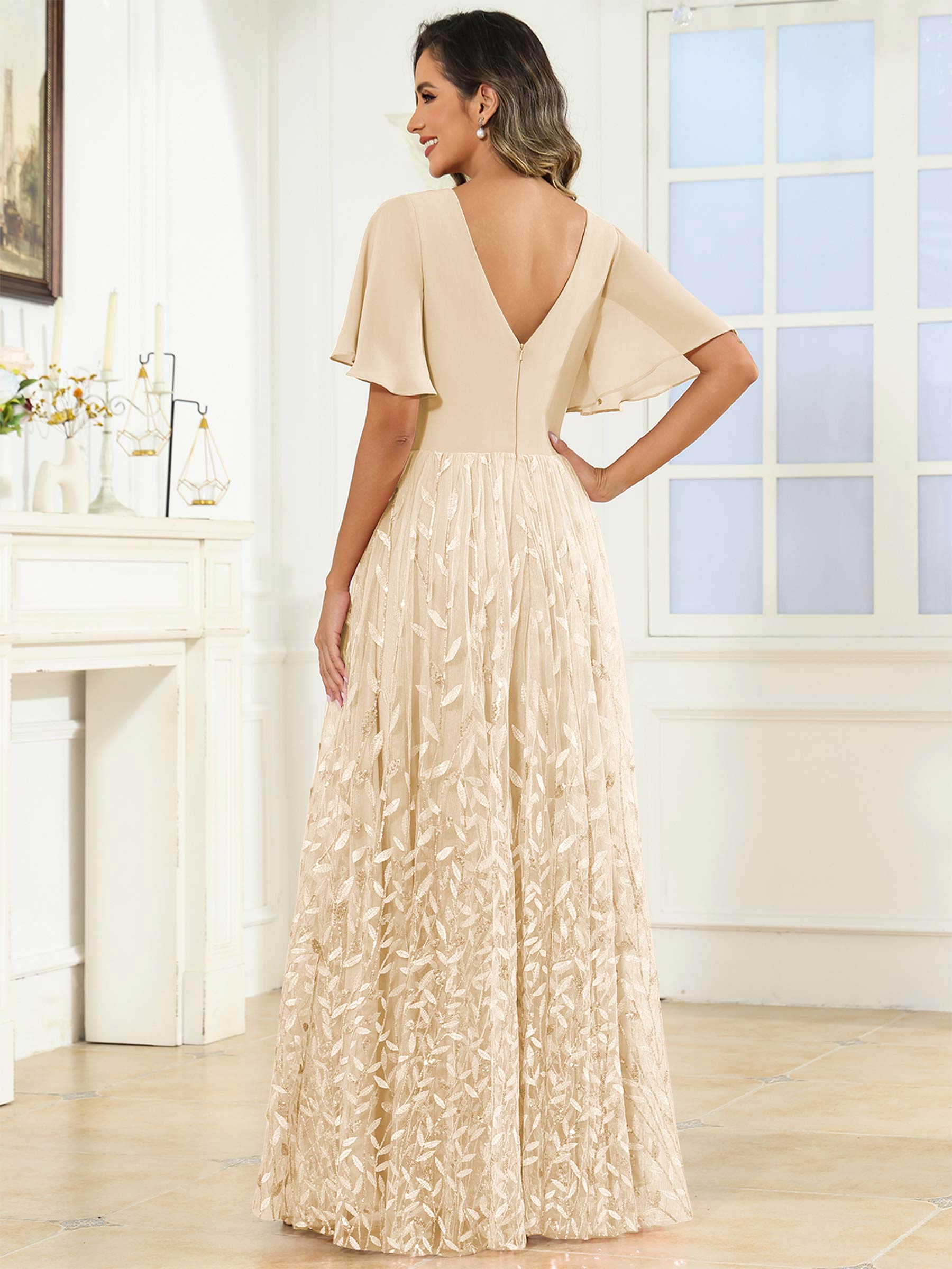 ROVDESY A-Line V-Neck Chiffon Sequin Mother Of The Bride Dress With Short Sleeves