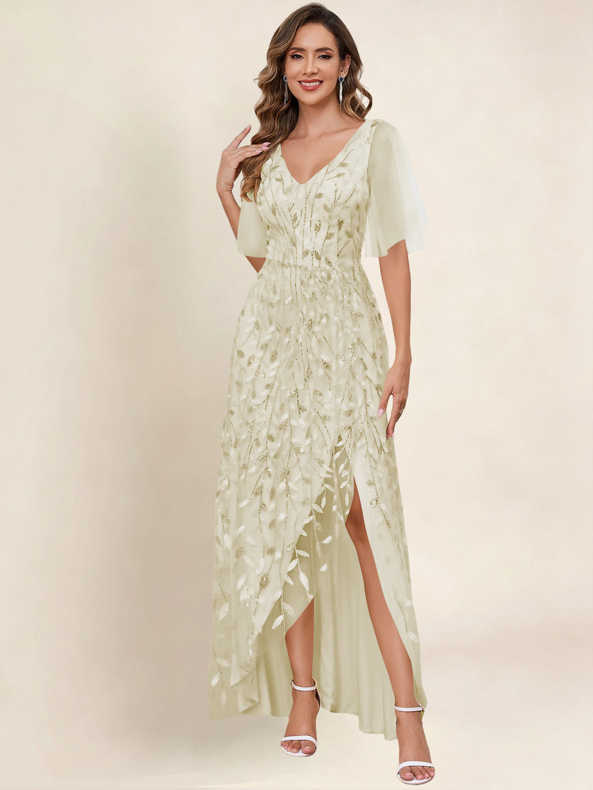 V Neck Sequin Tulle A Line Mother of the Bride Dress with Sleeves