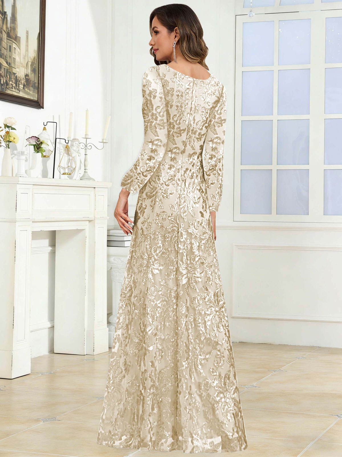 Crew Neck Sequin Lace Long Sleeve Mother of the Bride Dress