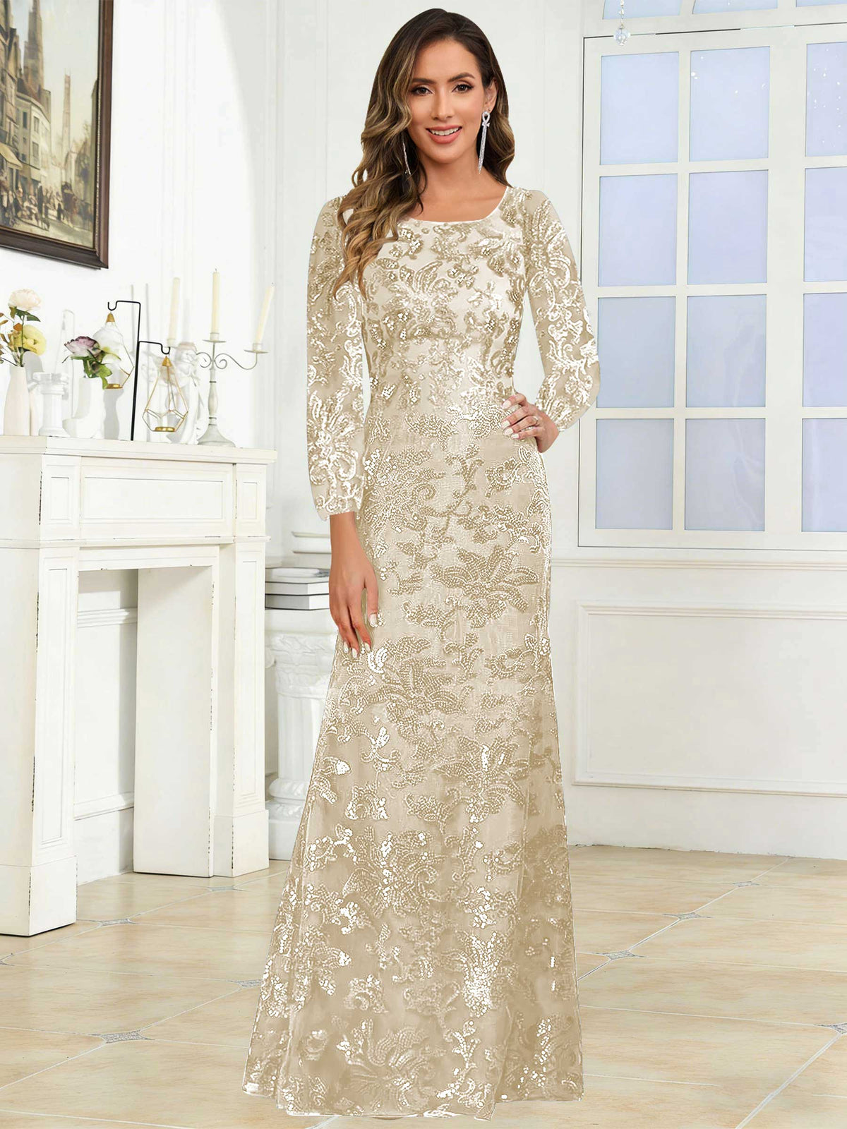 Crew Neck Sequin Lace Long Sleeve Mother of the Bride Dress
