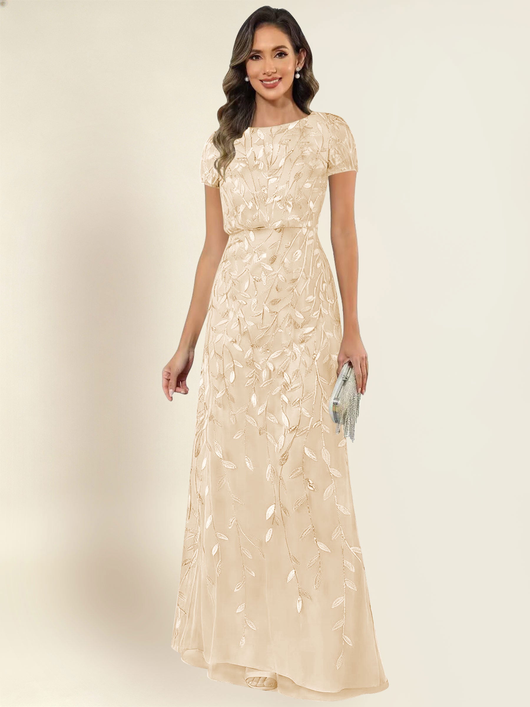 ROVDESY Sequin Mermaid Long Mother Of The Bride Dress With Short Sleeves Formal Gown