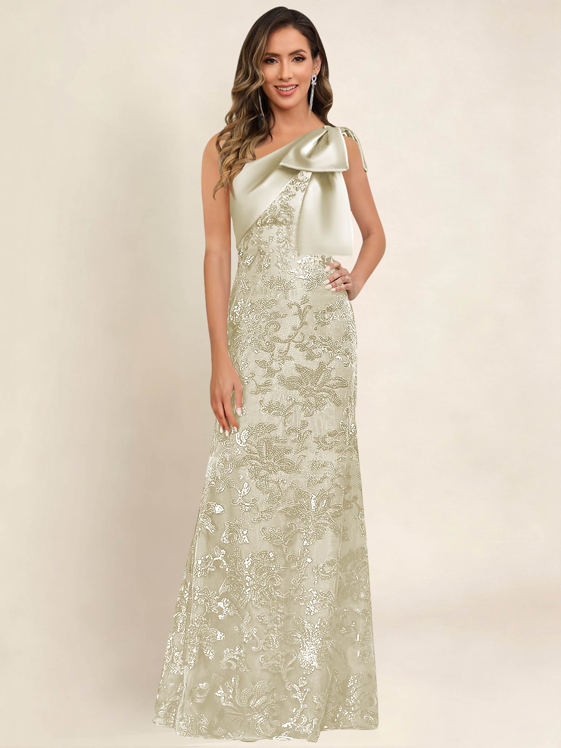 ROVDESY One Shoulder Sequin Mermaid Long Mother Of The Bride Dress Formal Gown With Bow