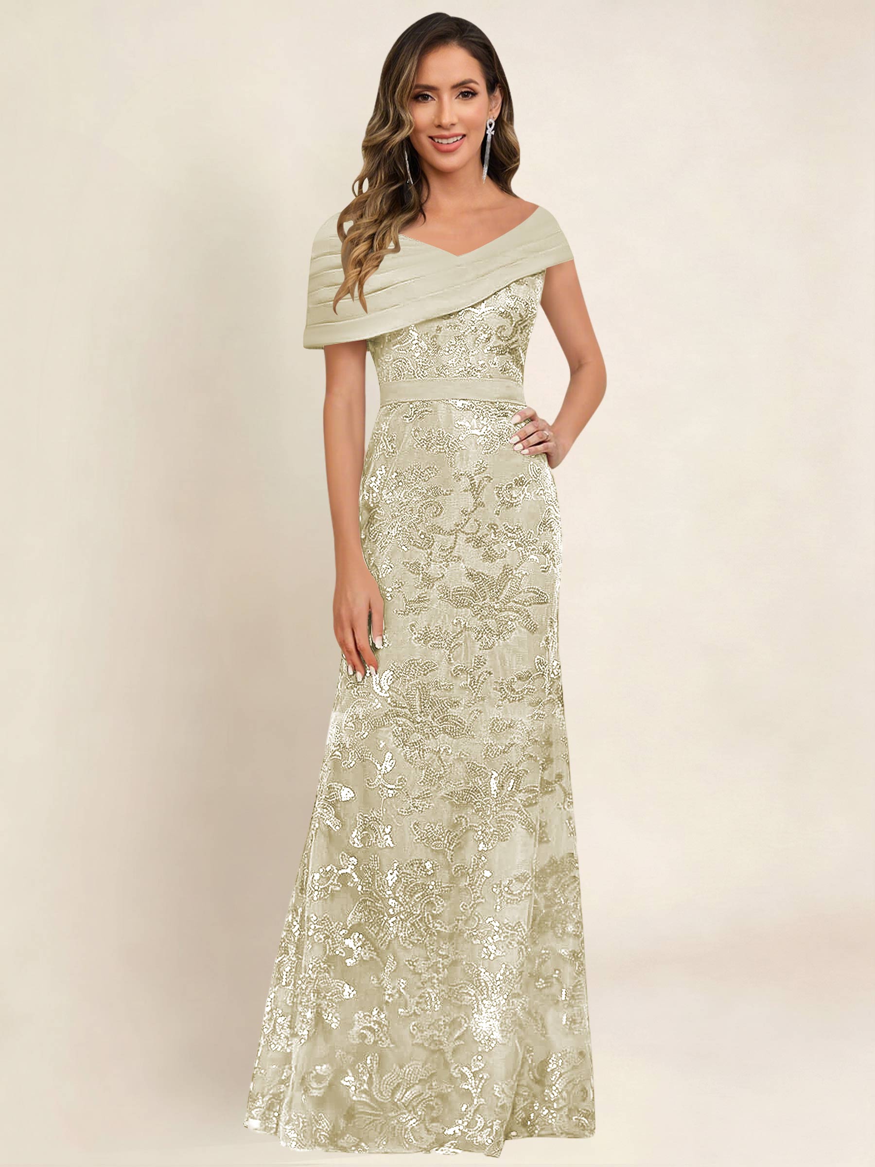 ROVDESY Off the Shoulder Sequin Mermaid Long Mother Of The Bride Dress Formal Gown
