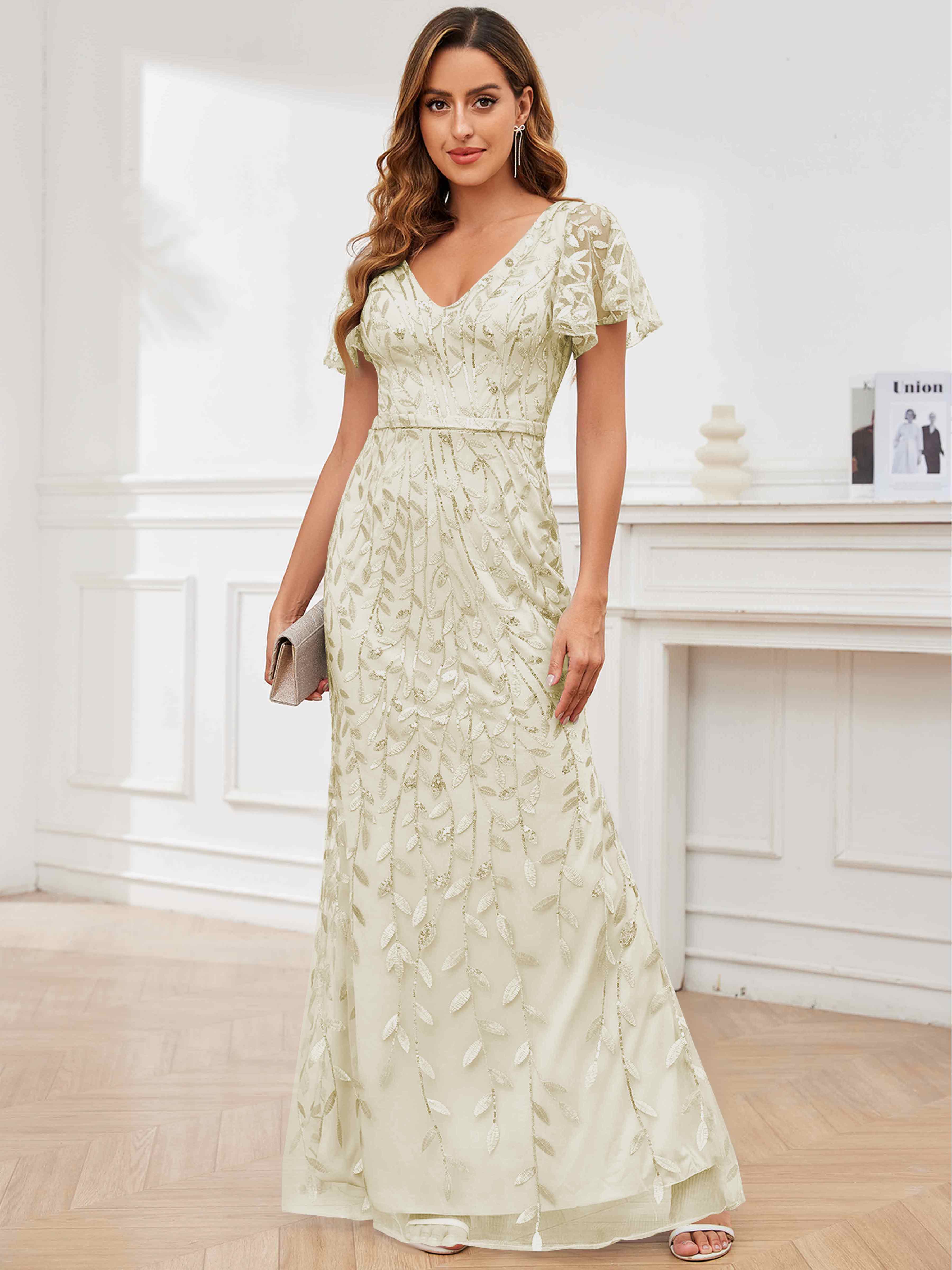 ROVDESY V-Neck Mermaid Sequin Mother Of The Bride Dress With Short Sleeves