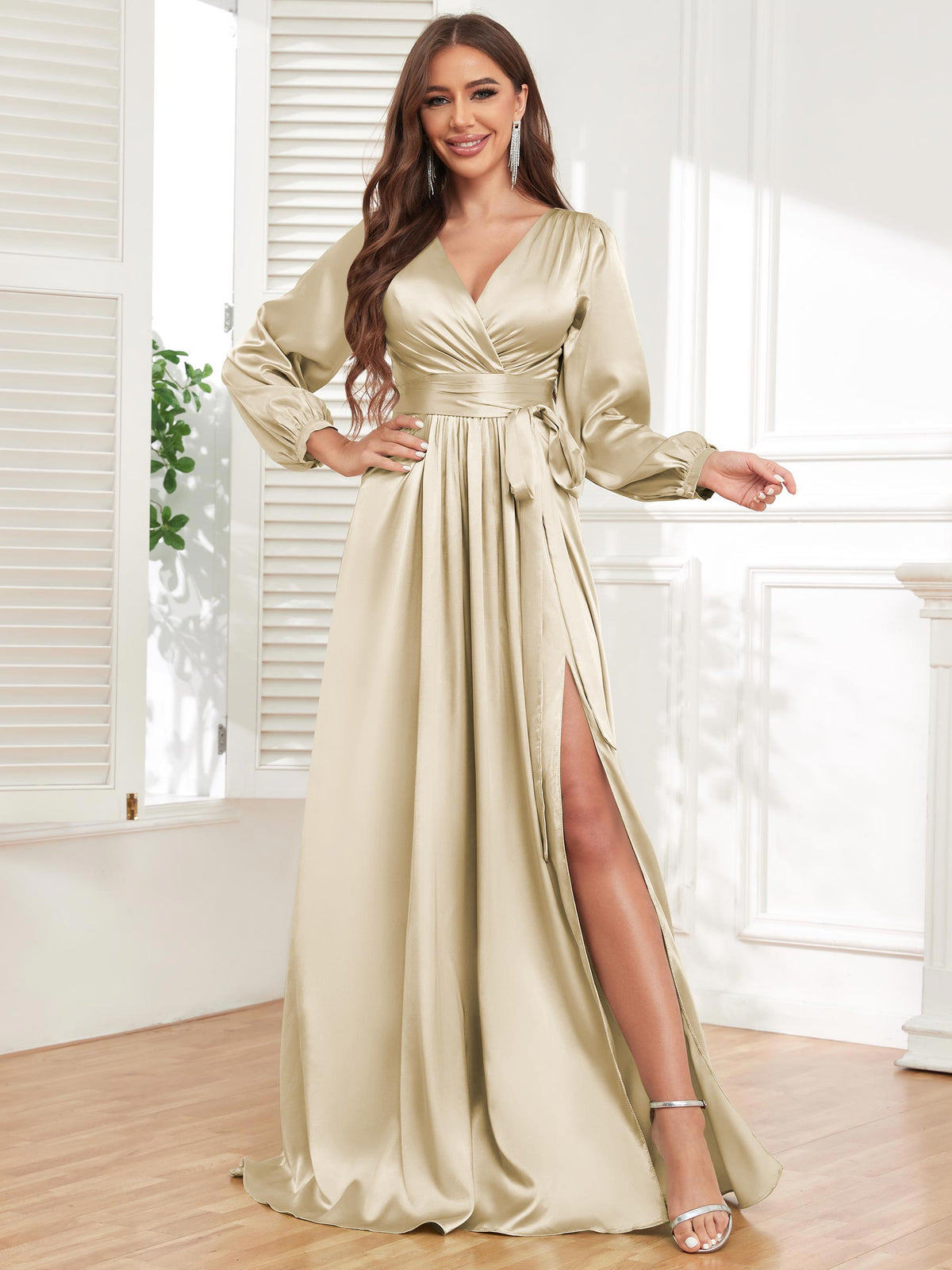 V Neck Satin Long Sleeve Bridesmaid Dress with Slit