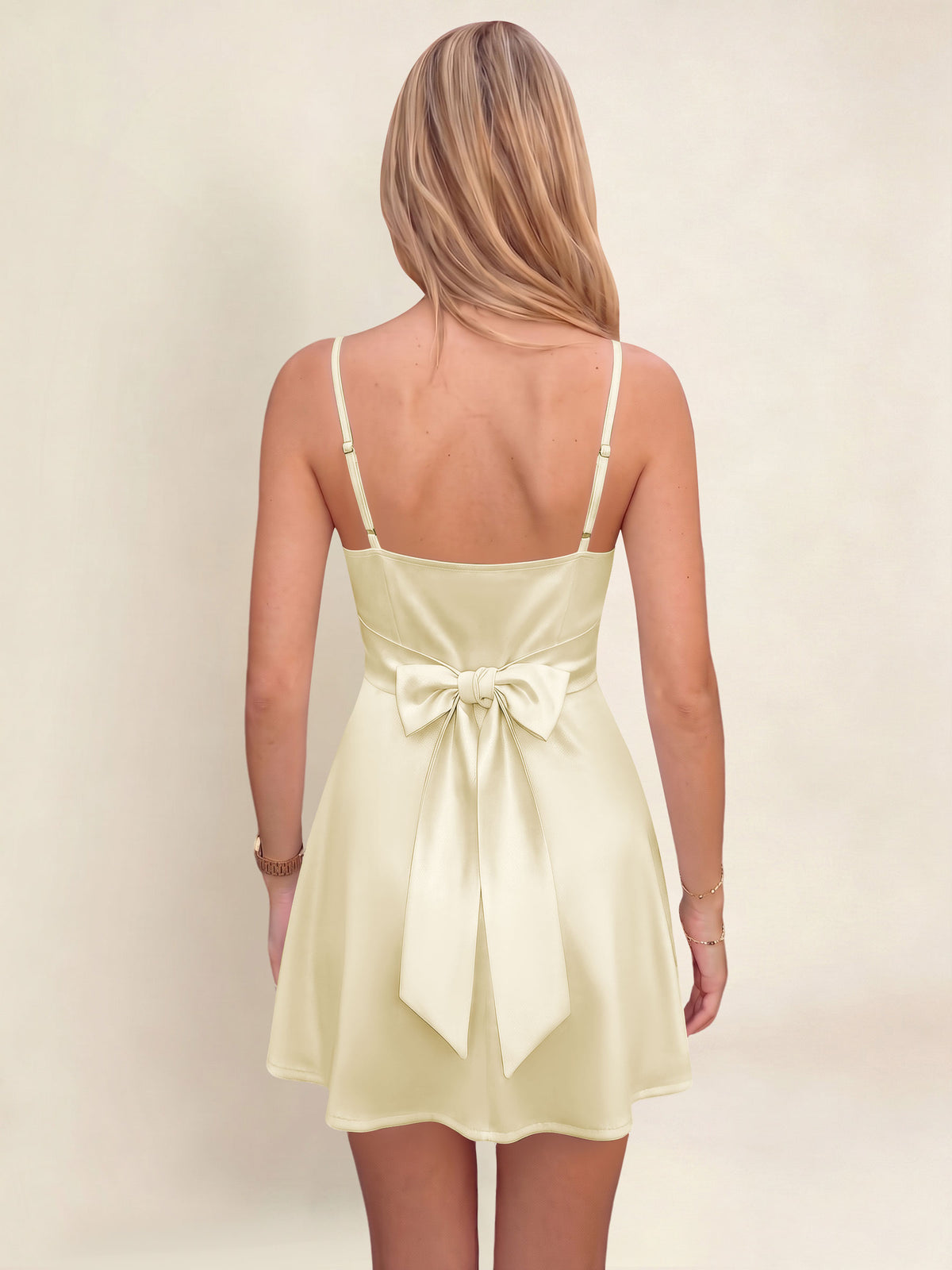 ROVDESY A-Line Spaghetti Strap Cowl Neck Satin Mini Homecoming Dress With Bow
