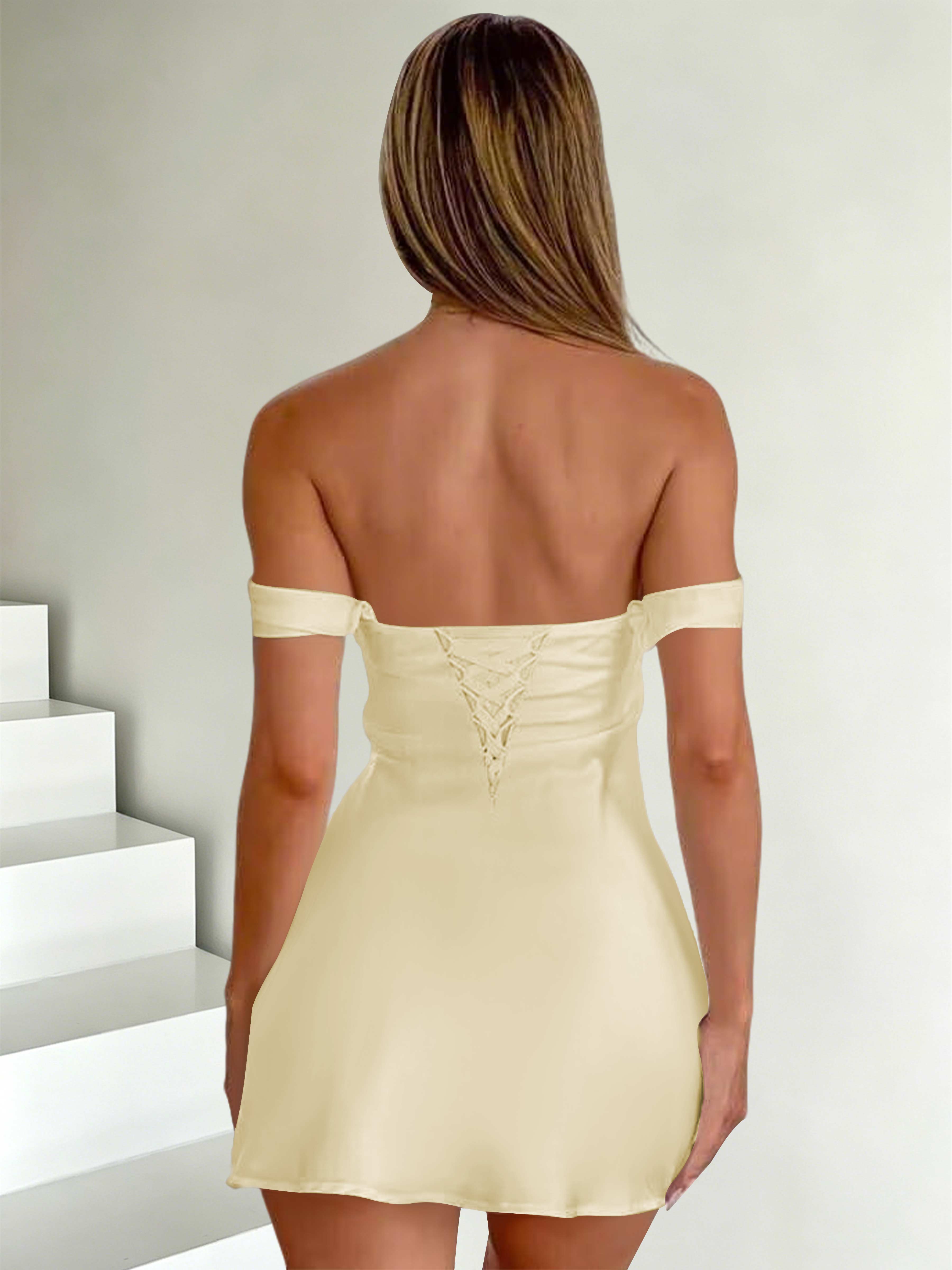 ROVDESY Off The Shoulder A-Line Pleated Satin Homecoming Mini Dress