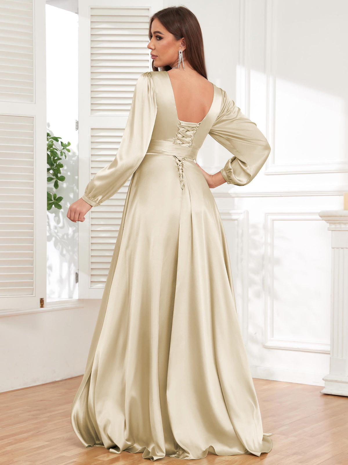 V Neck Satin Long Sleeve Bridesmaid Dress with Slit