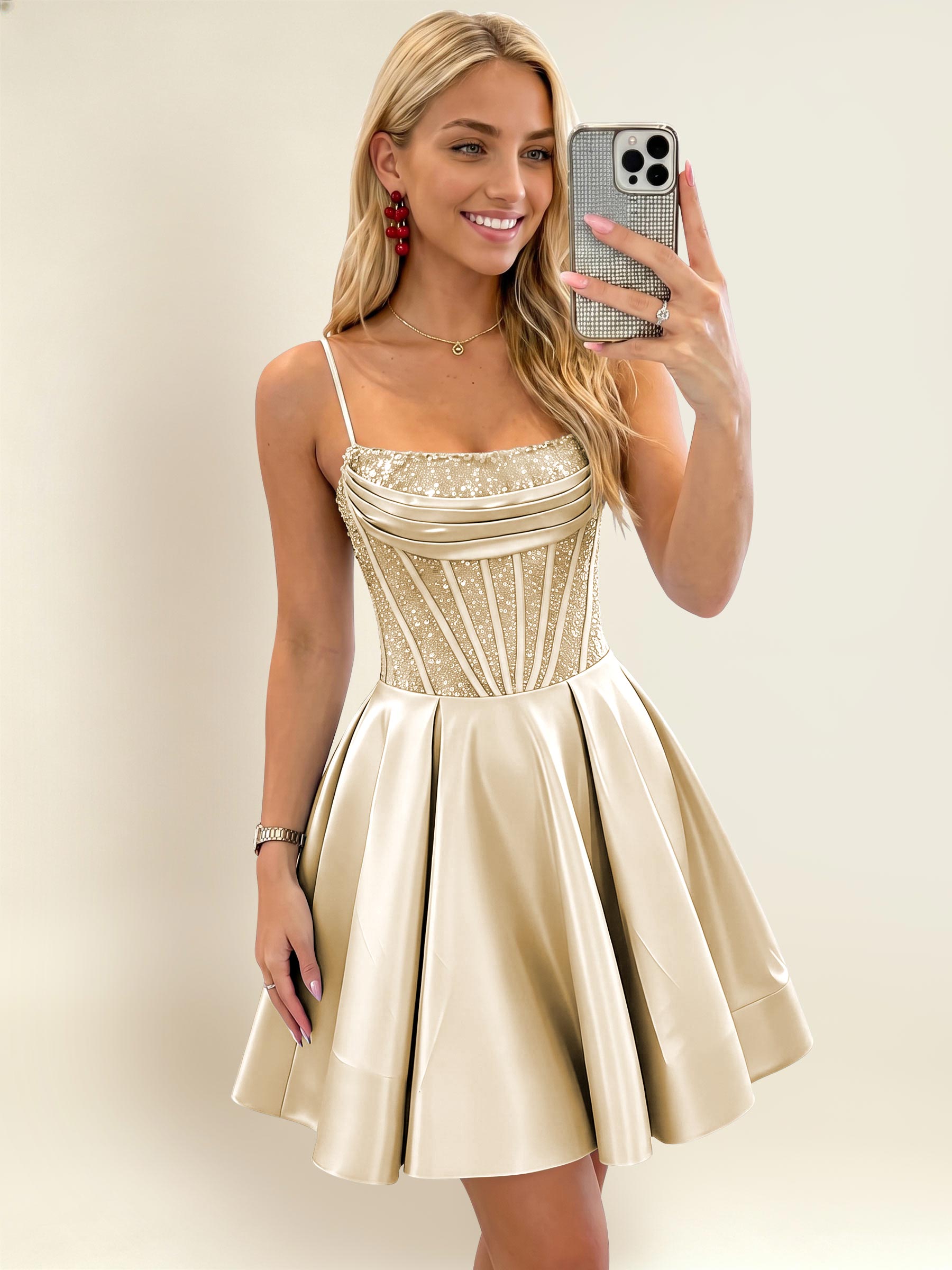 ROVDESY A-Line Spaghetti Strap Sequin Corset Satin Homecoming Mini Dress