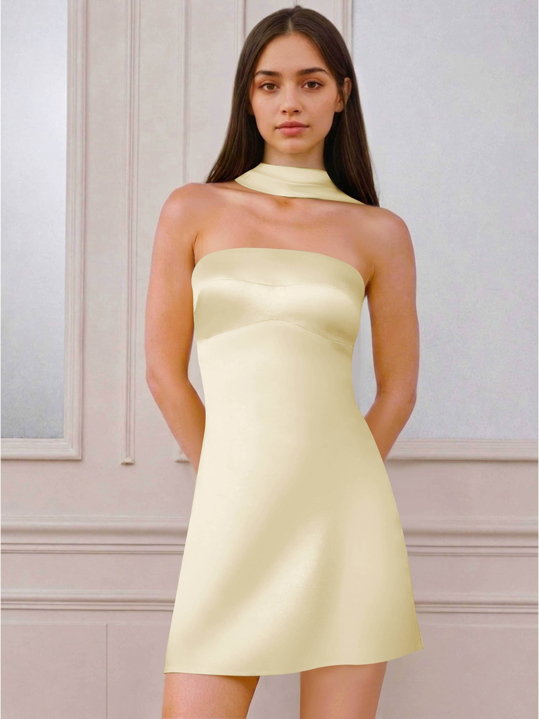 ROVDESY A-Line Halter Neck Satin Homecoming Mini Dress
