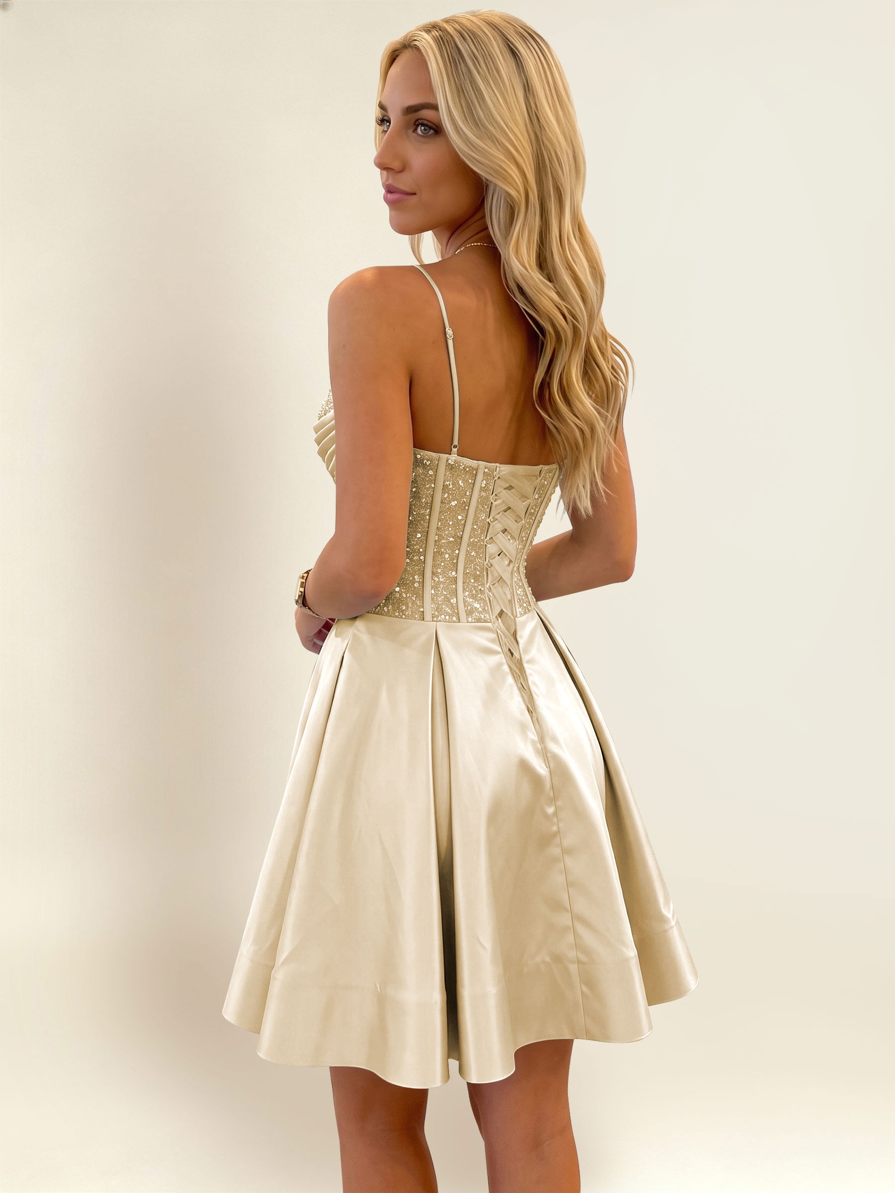 ROVDESY A-Line Spaghetti Strap Sequin Corset Satin Homecoming Mini Dress