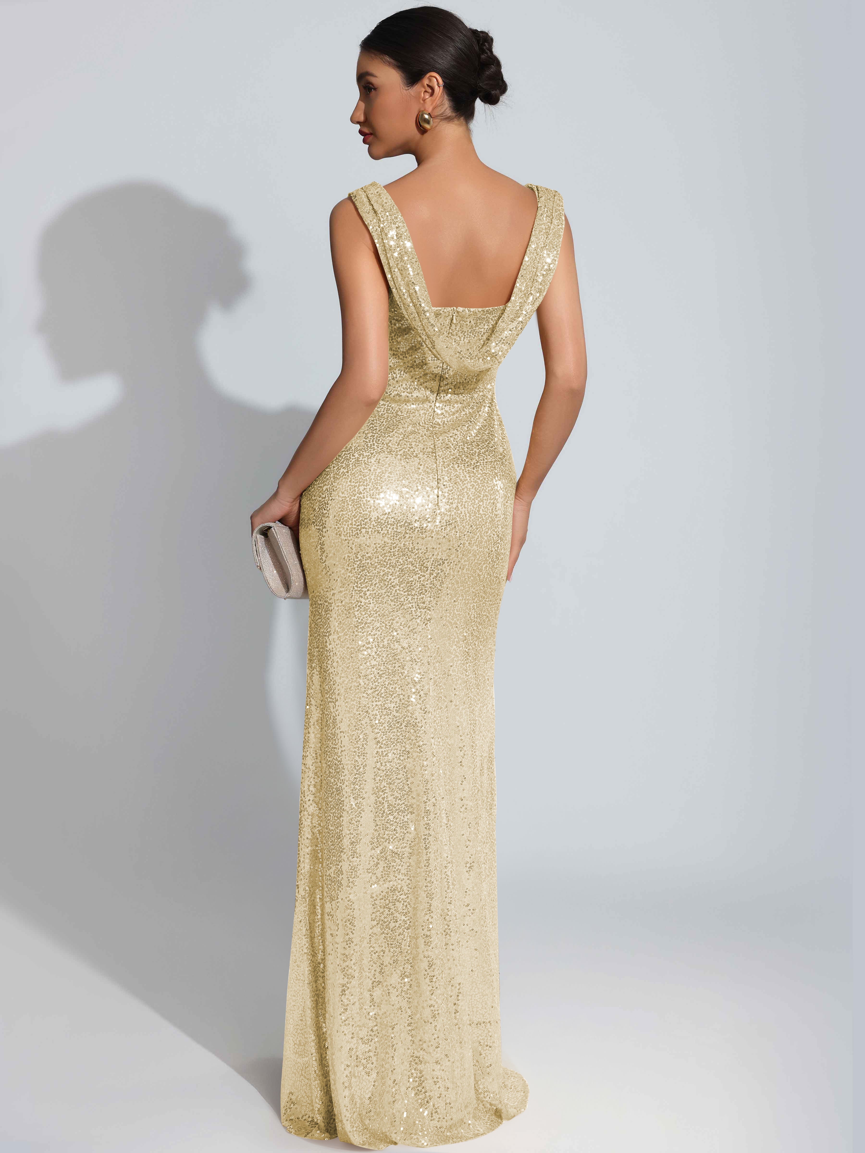 ROVDESY Sparkly Bateau Mermaid Ruched Sequin Long Prom Dress with Slit