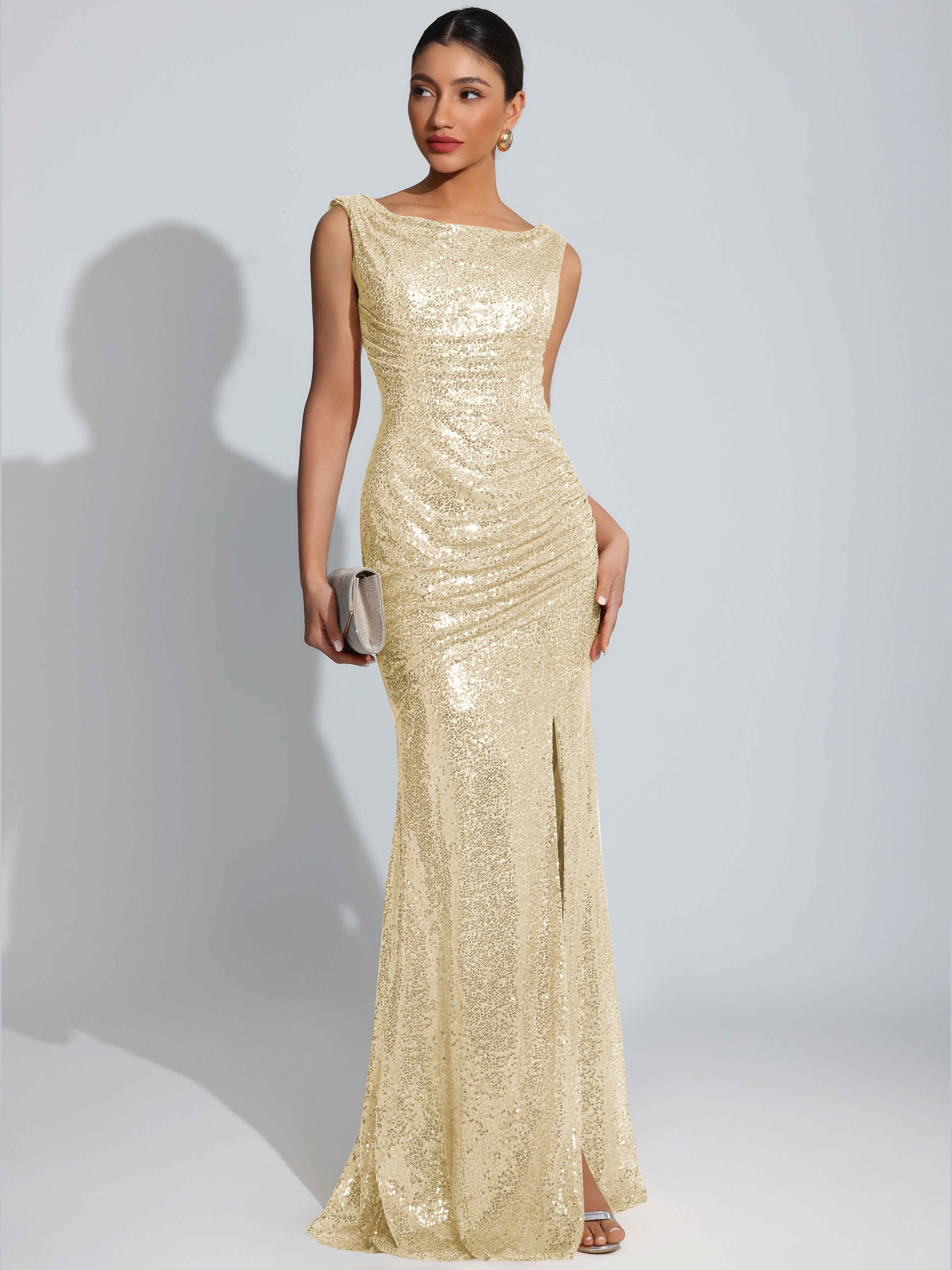 ROVDESY Sparkly Bateau Mermaid Ruched Sequin Long Prom Dress with Slit