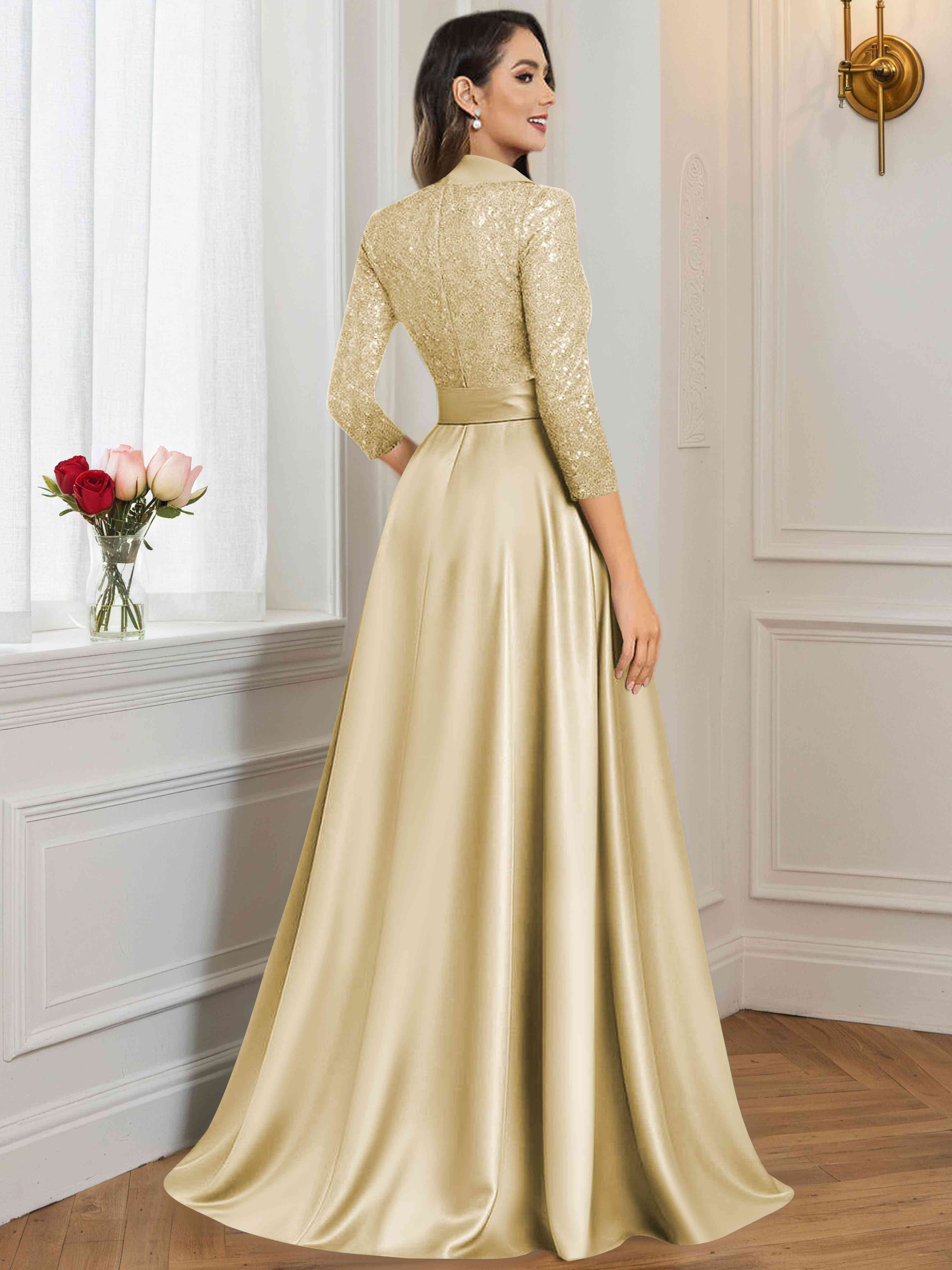 ROVDESY A-Line V Neck Sequin Satin  Long Mother of The Bride Dress Formal Gown With 3/4 Sleeves