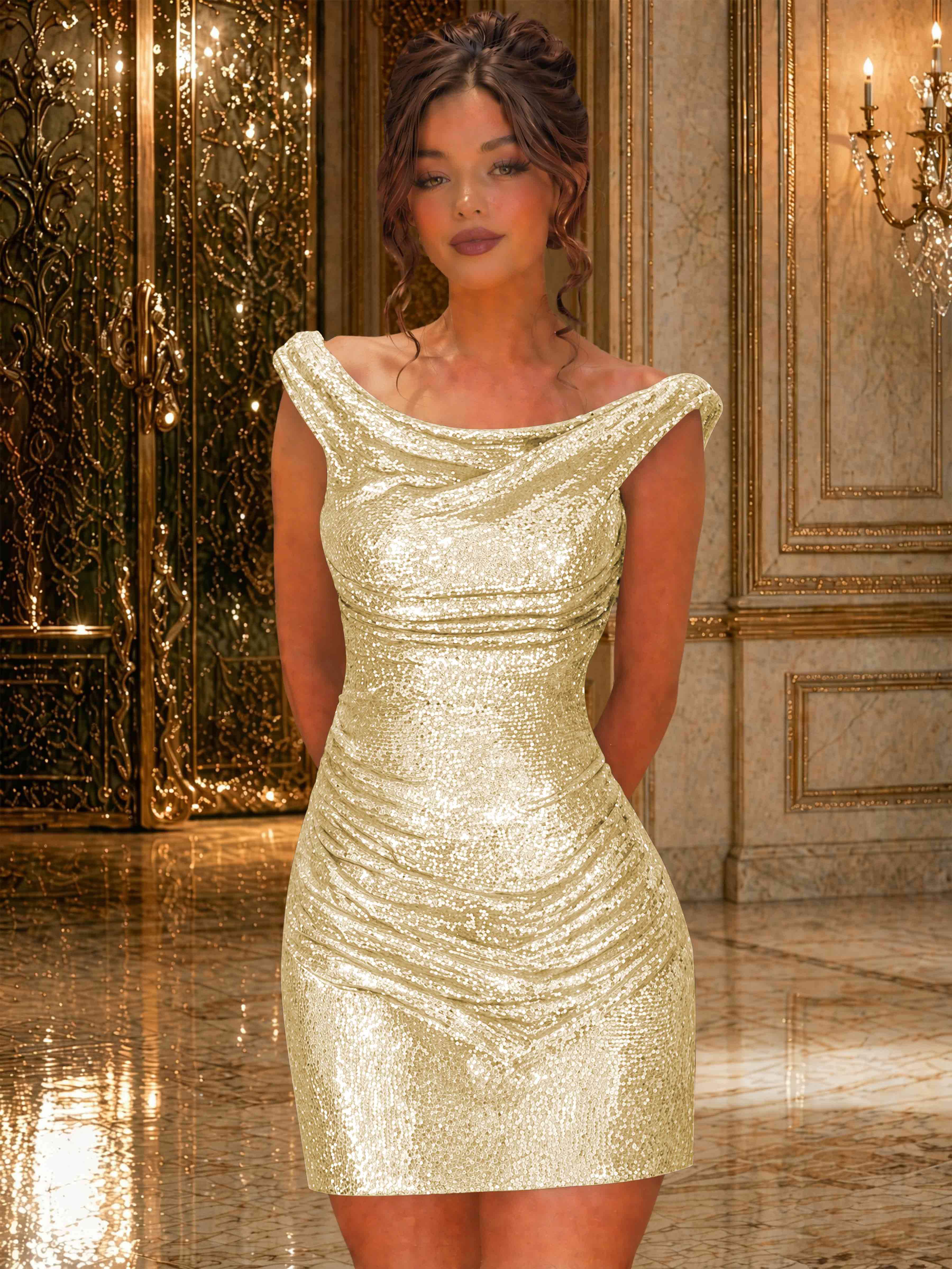 ROVDES Sparkly Off The Shoulder Ruched Sequin Tight Homecoming Mini Dress