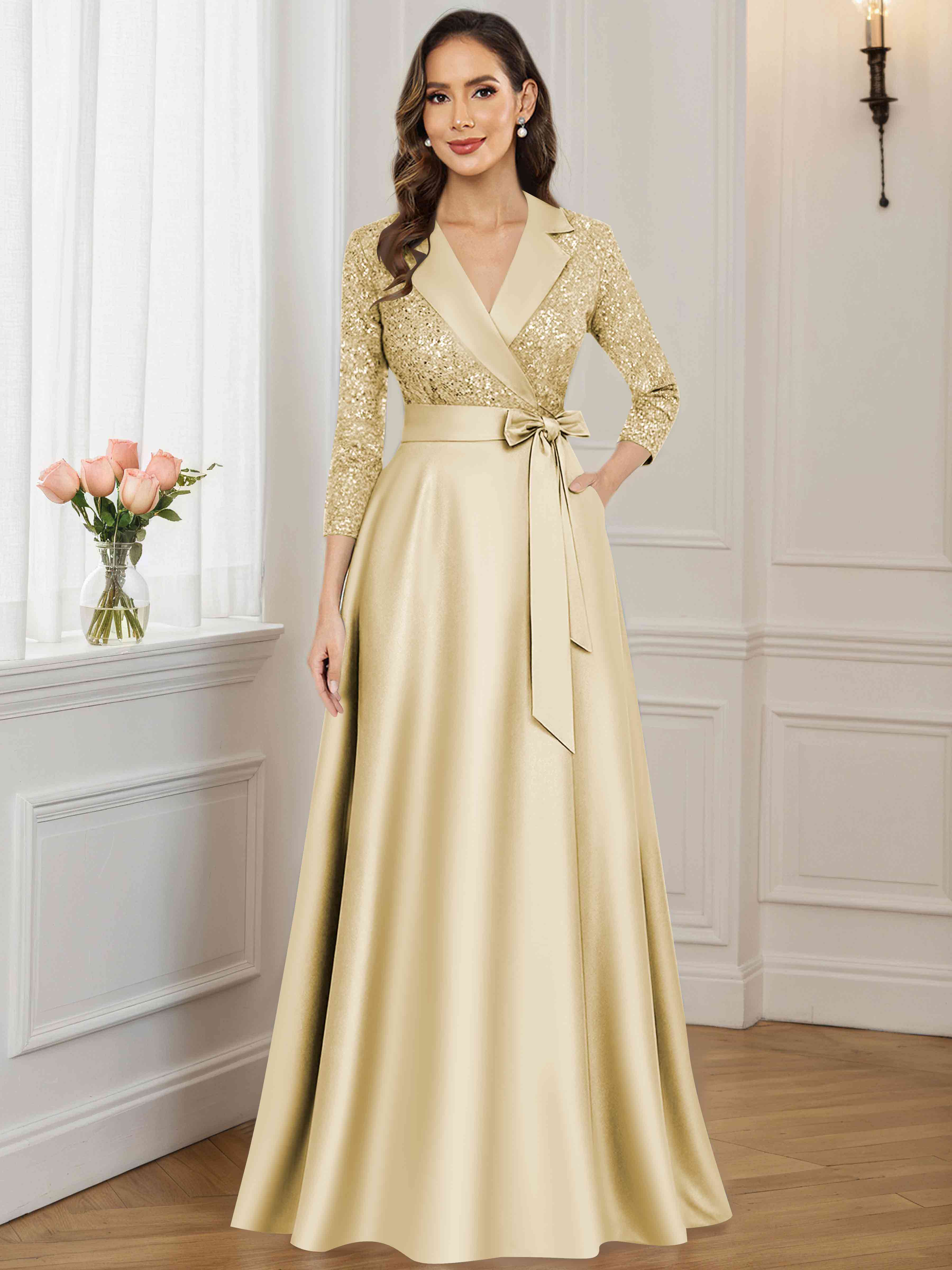 ROVDESY A-Line V Neck Sequin Satin  Long Mother of The Bride Dress Formal Gown With 3/4 Sleeves