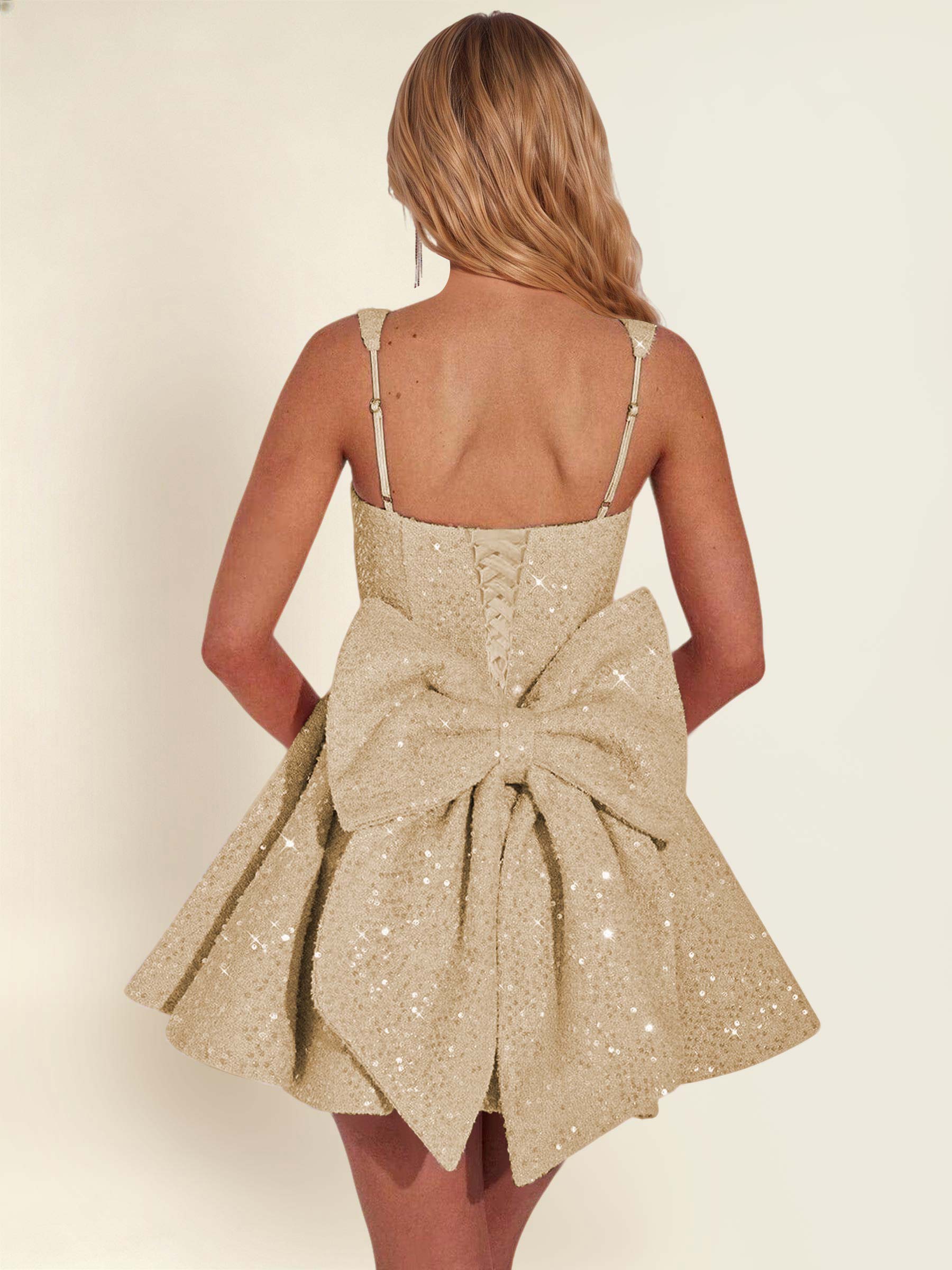 ROVDESY Sparkly Sequin A-Line Square Neck Homecoming Mini Dress With Big Bow