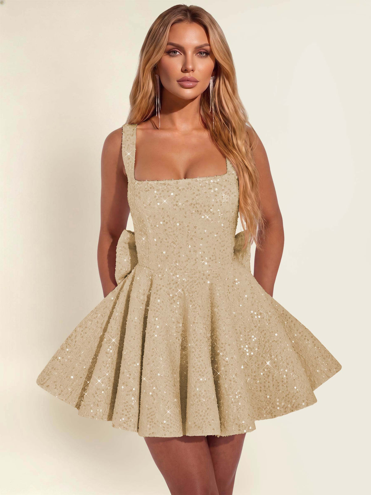 ROVDESY Sparkly Sequin A-Line Square Neck Homecoming Mini Dress With Big Bow