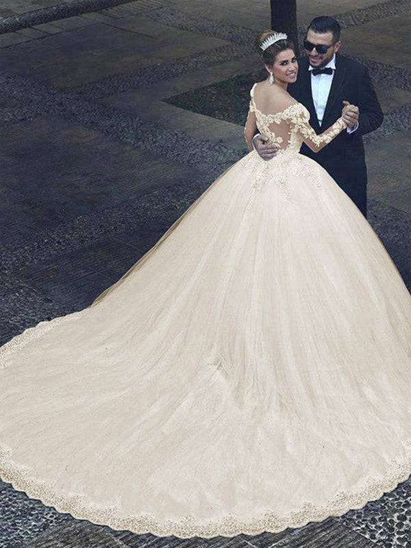 Off The Shoulder Long Sleeve Lace Appliques Ball Gown Wedding Dress with Cathedral Train