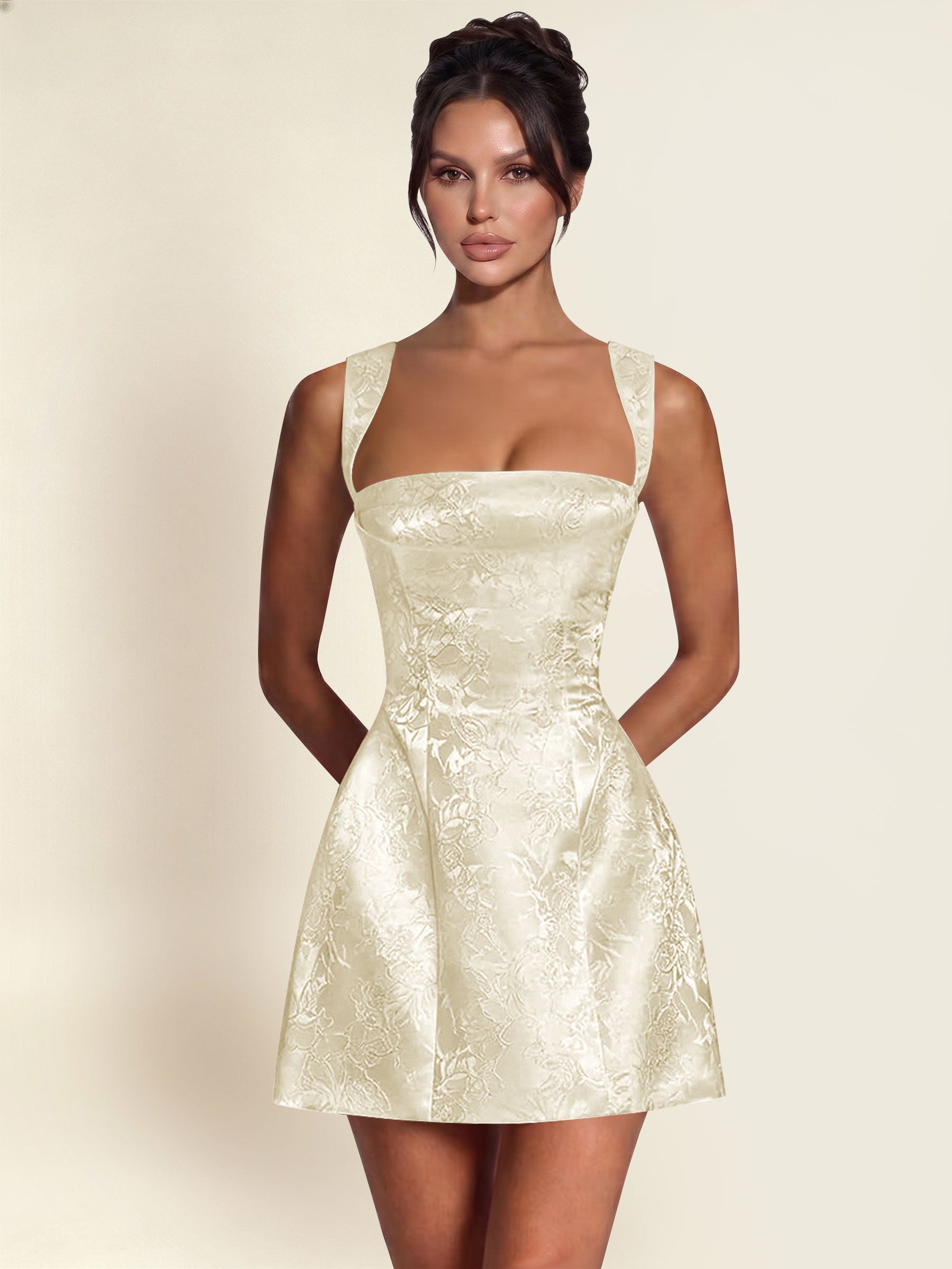 ROVDESY A-Line Square Neck Jacquard Satin Homecoming Mini Dress