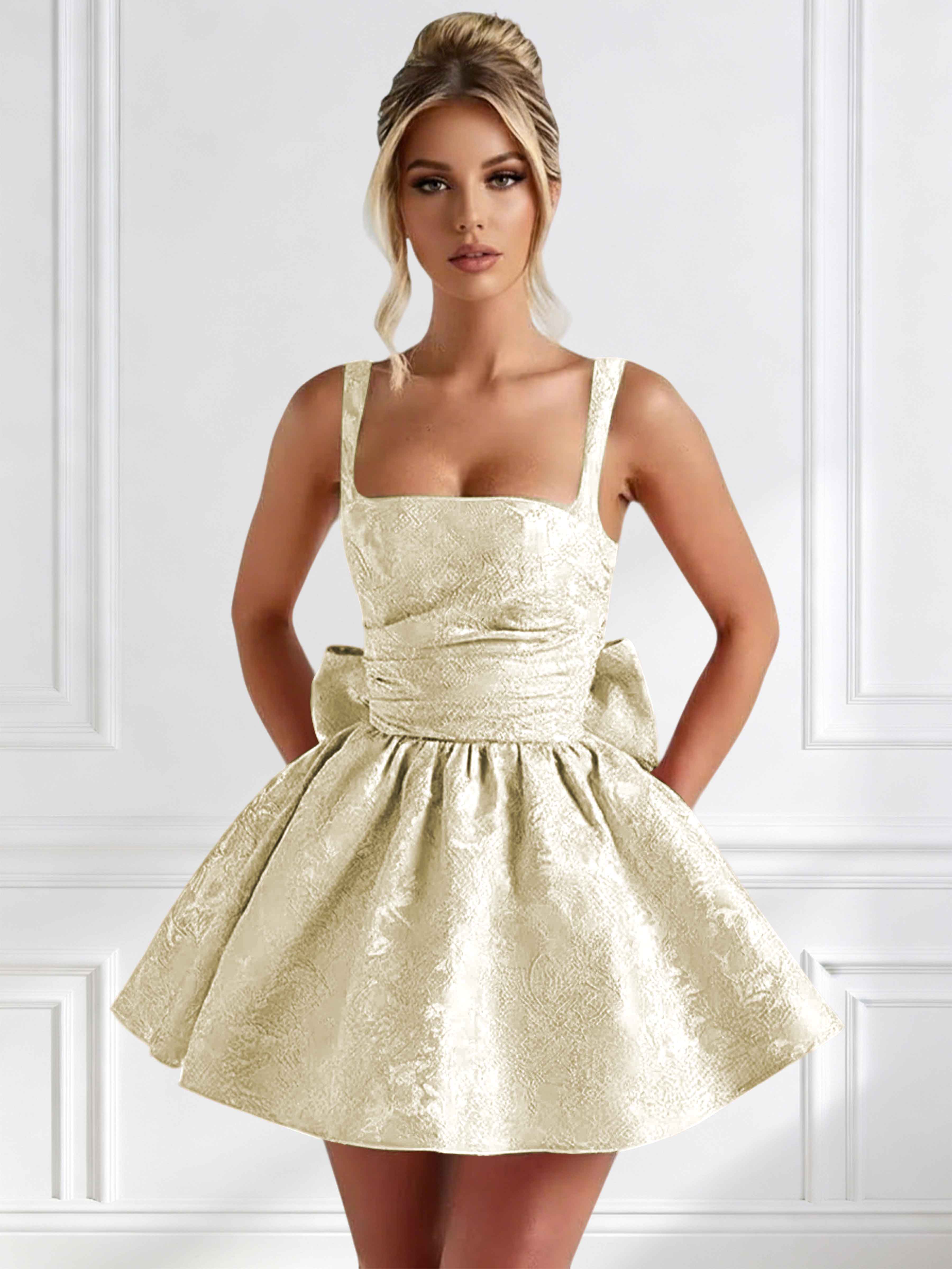 ROVDESY A-Line Square Neck Jacquard Satin Homecoming Mini Dress With Big Bow