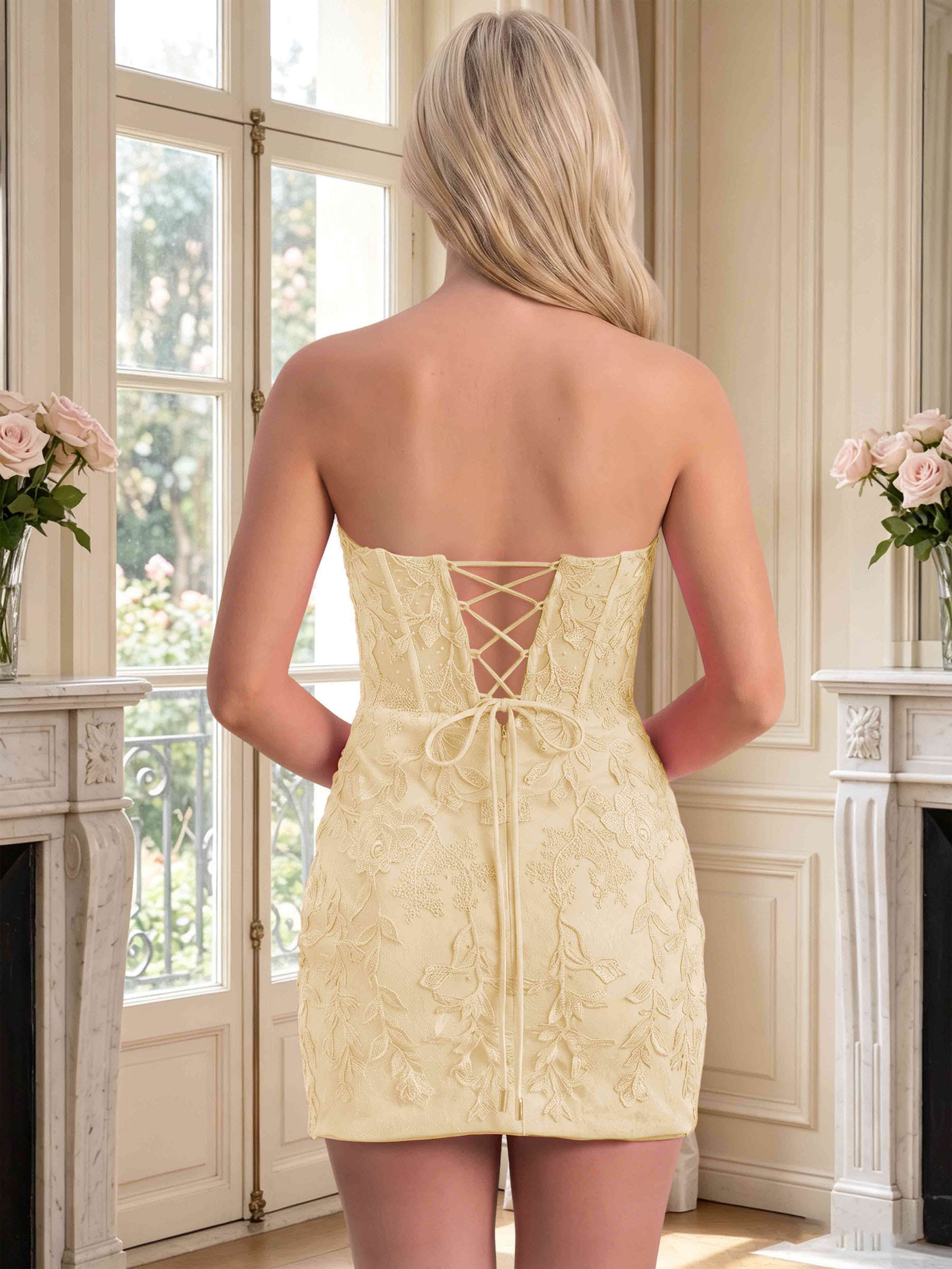 ROVDESY Strapless Sweetheart Floral Lace Tight Homecoming Mini Dress