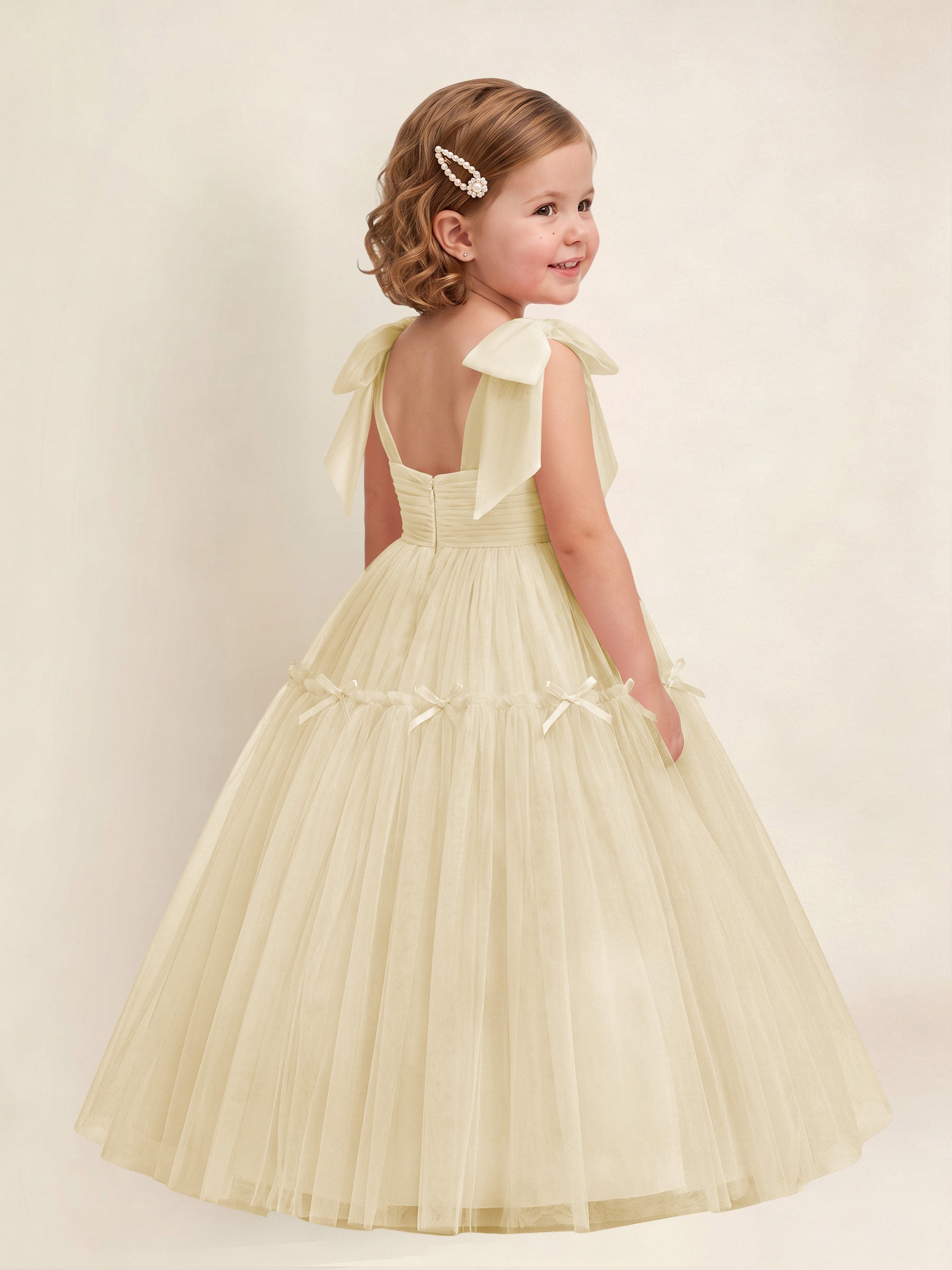 ROVDESY A-Line Tulle Flower Girl Dress With Bow Long Ball Gown Dress