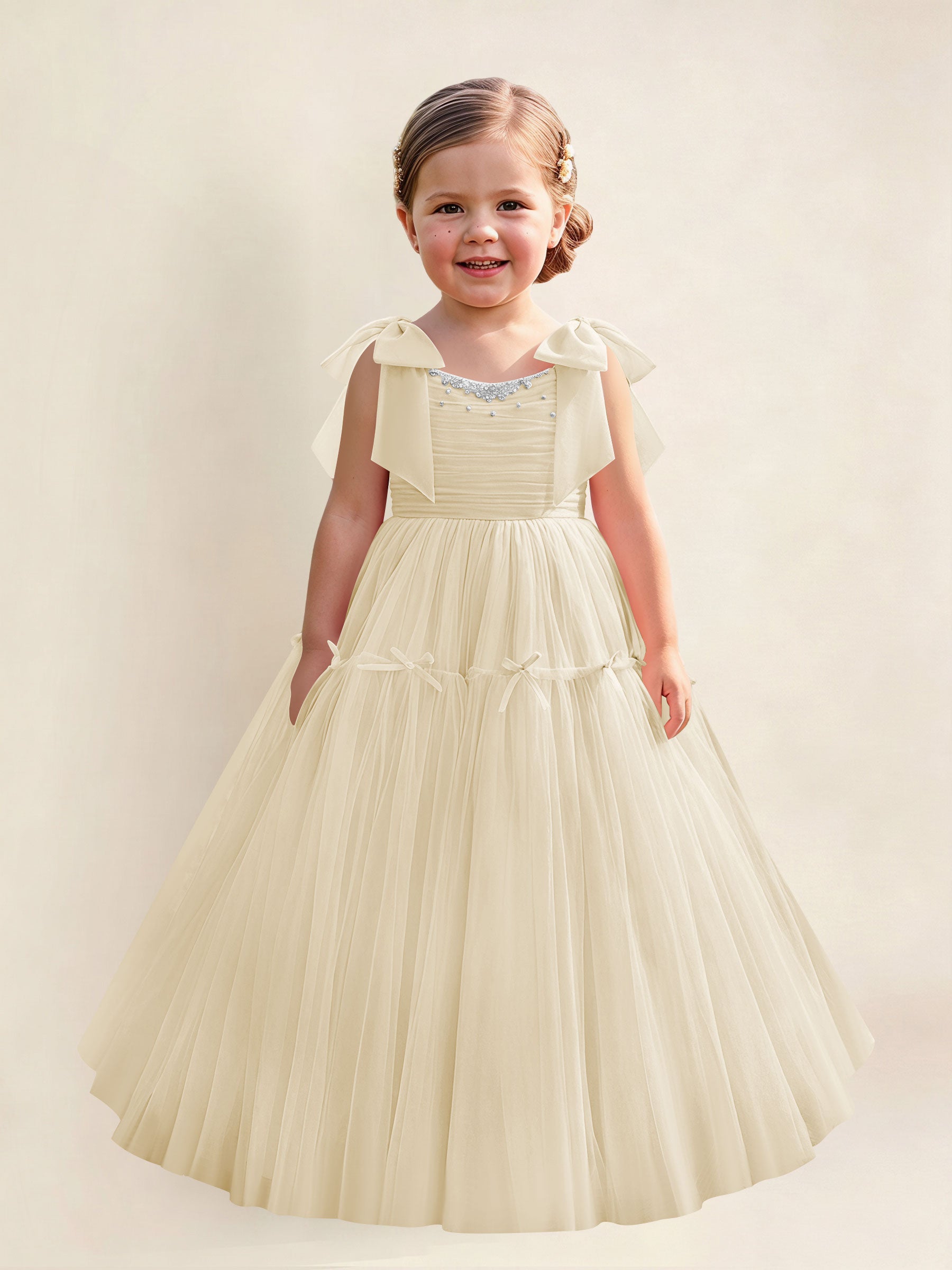 ROVDESY A-Line Tulle Flower Girl Dress With Bow Long Ball Gown Dress