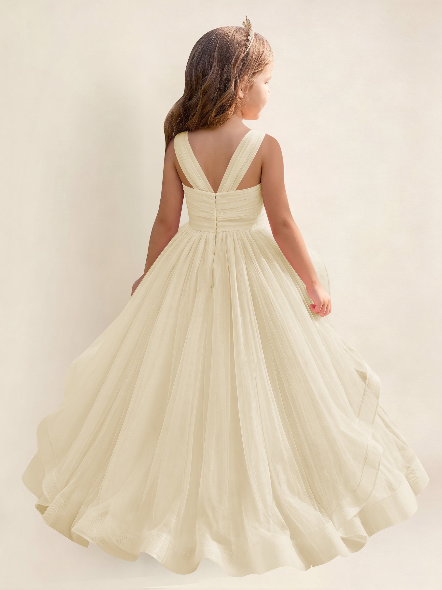 ROVDESY A-Line V-Neck Tulle Flower Girl Dress With Sleeveless Long Ball Gown Dress