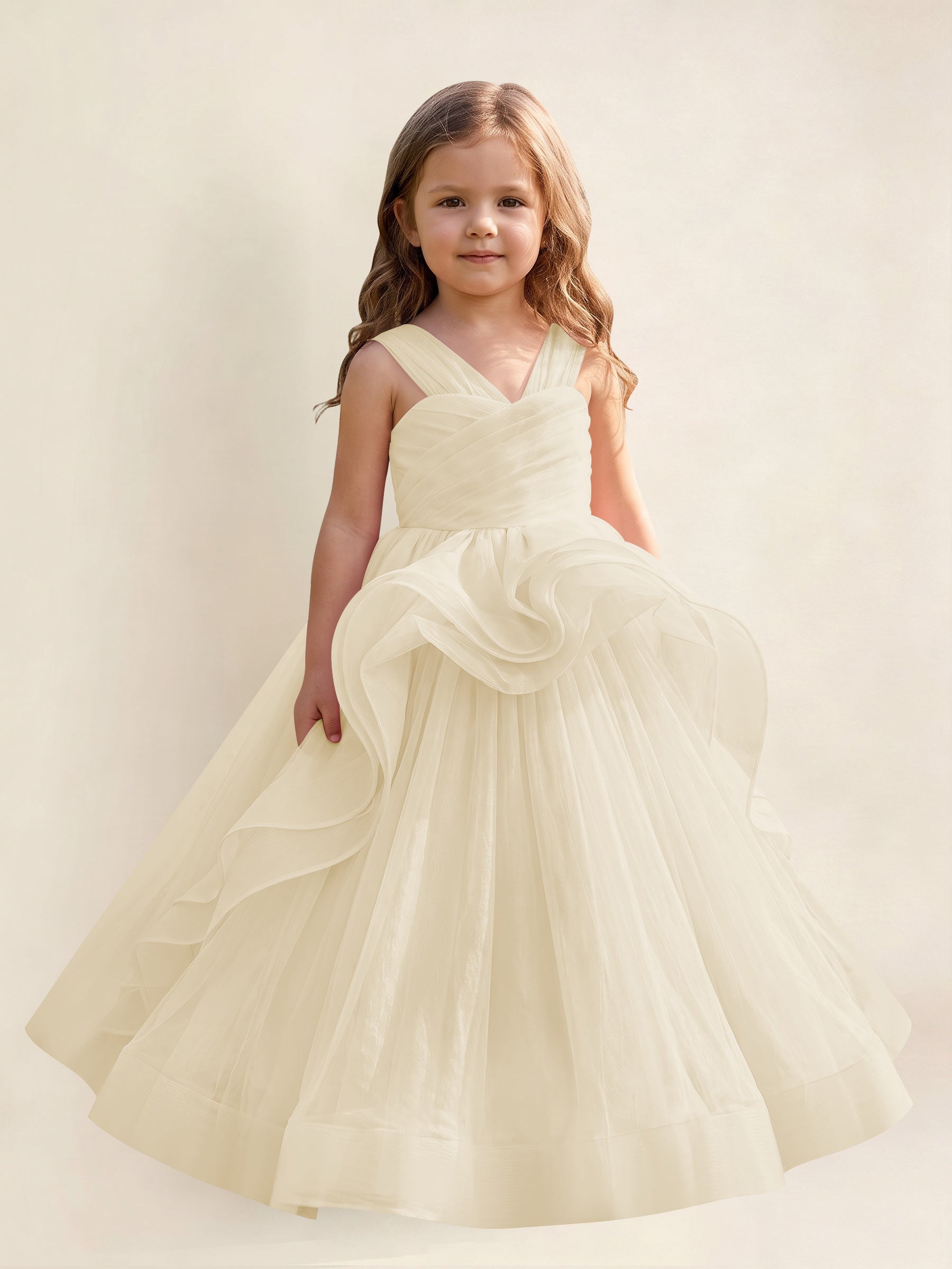 ROVDESY A-Line V-Neck Tulle Flower Girl Dress With Sleeveless Long Ball Gown Dress