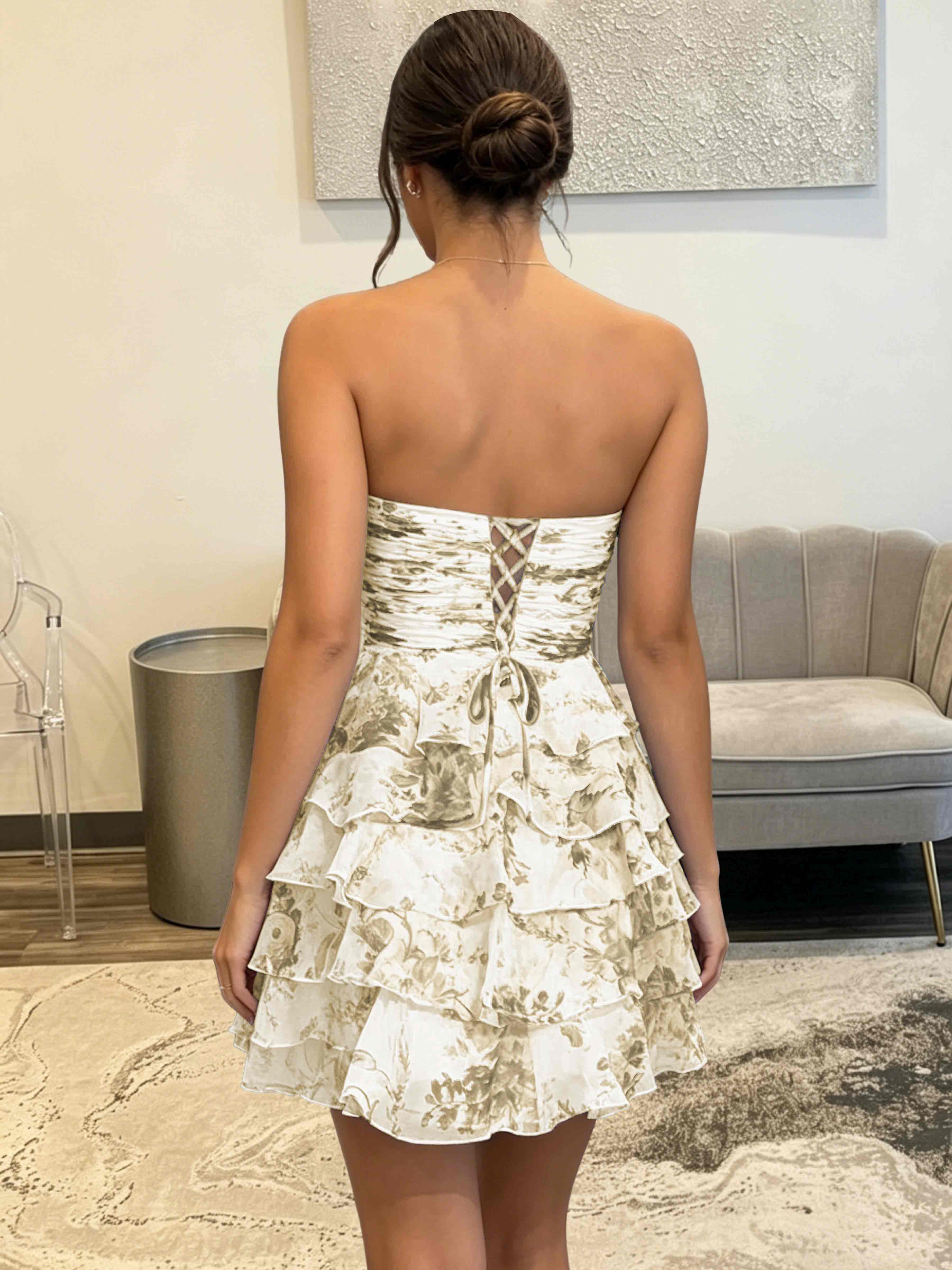 ROVDESY Strapless Tiered Ruffle Floral Print Chiffon Homecoming Mini Dress