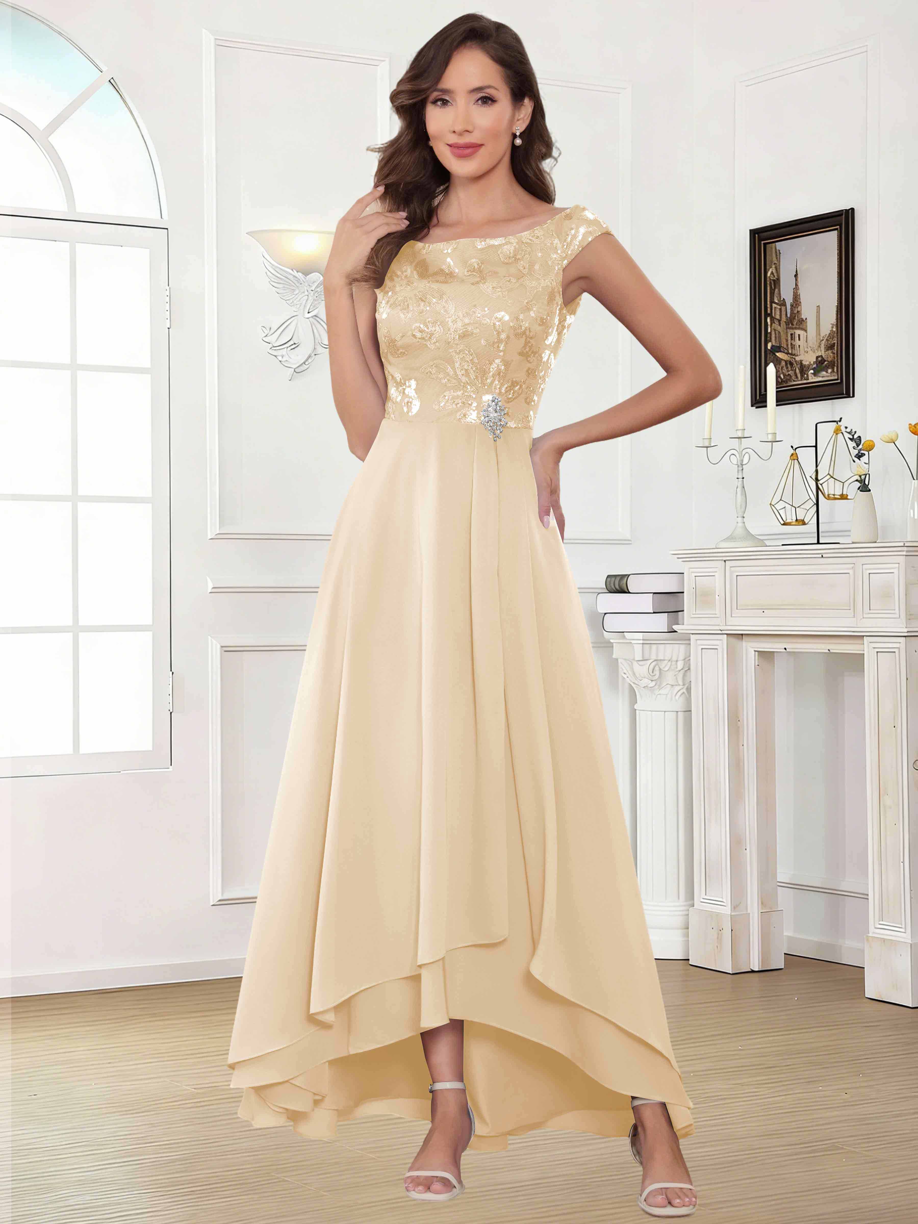ROVDESY Tea Length Off-The-Shoulder Sequin Chiffon Mother Of The Bride Dress
