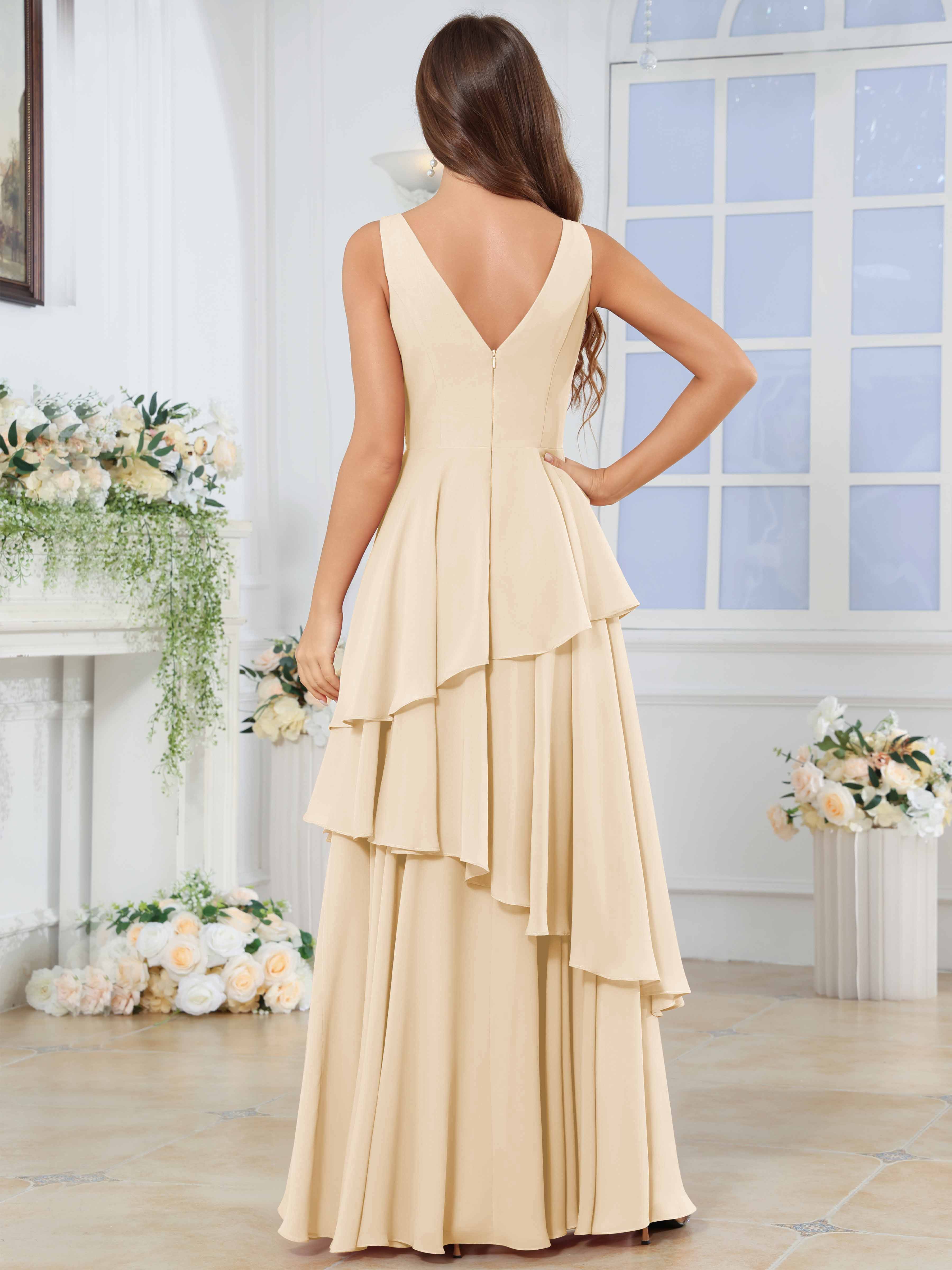 ROVDESY Long Sleeveless V-Neck Tiered Pleated Chiffon Bridesmaid Dress