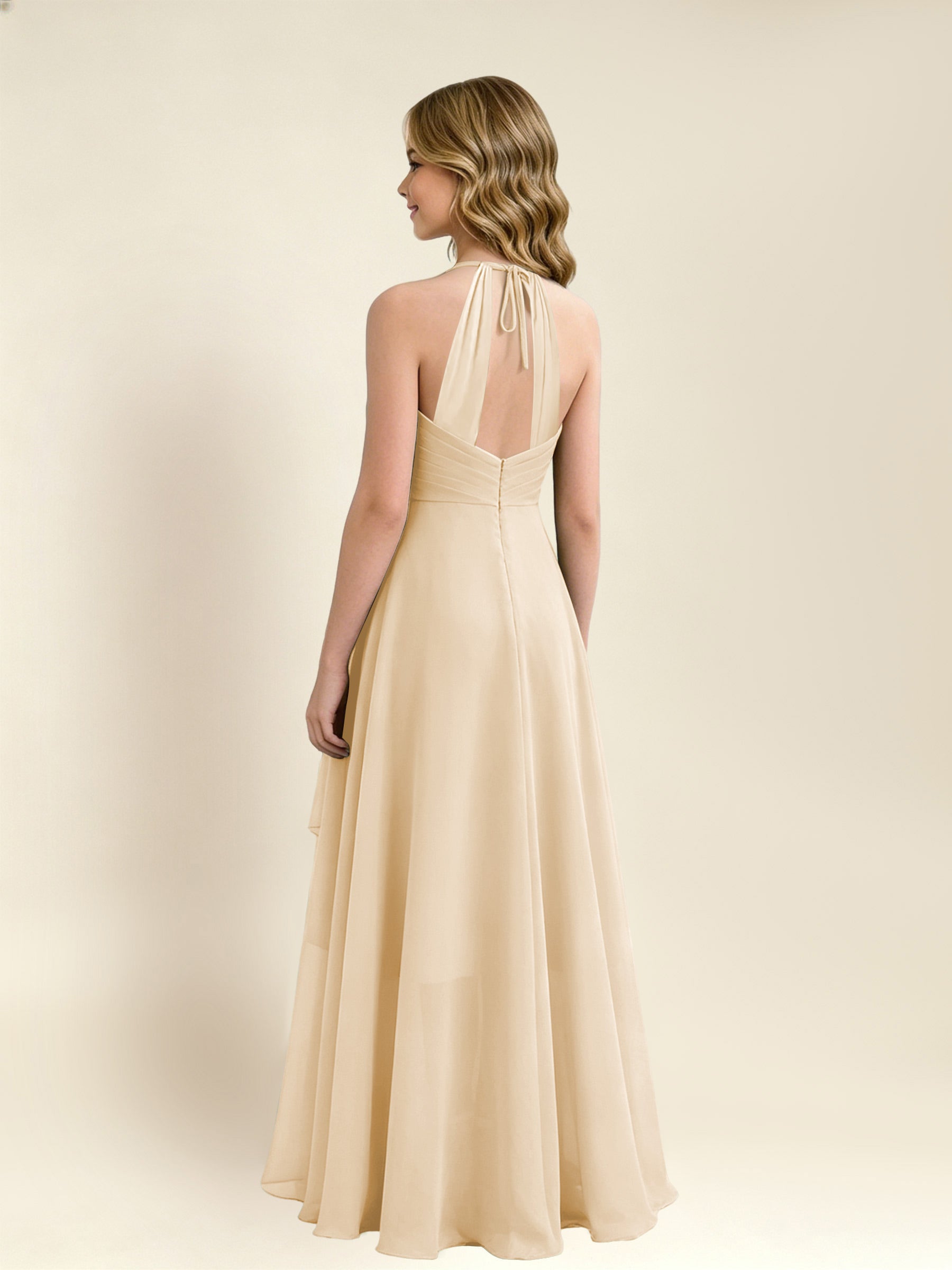 ROVDESY A-Line Halter Pleated Chiffon Junior Bridesmaid Dress