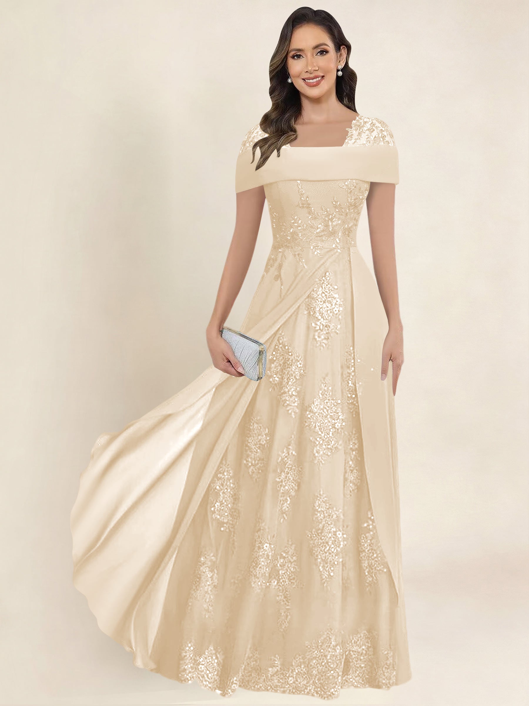 ROVDESY A-Line Off The Shoulder Lace Chiffon Long Mother of the Bride Dress Formal Gown