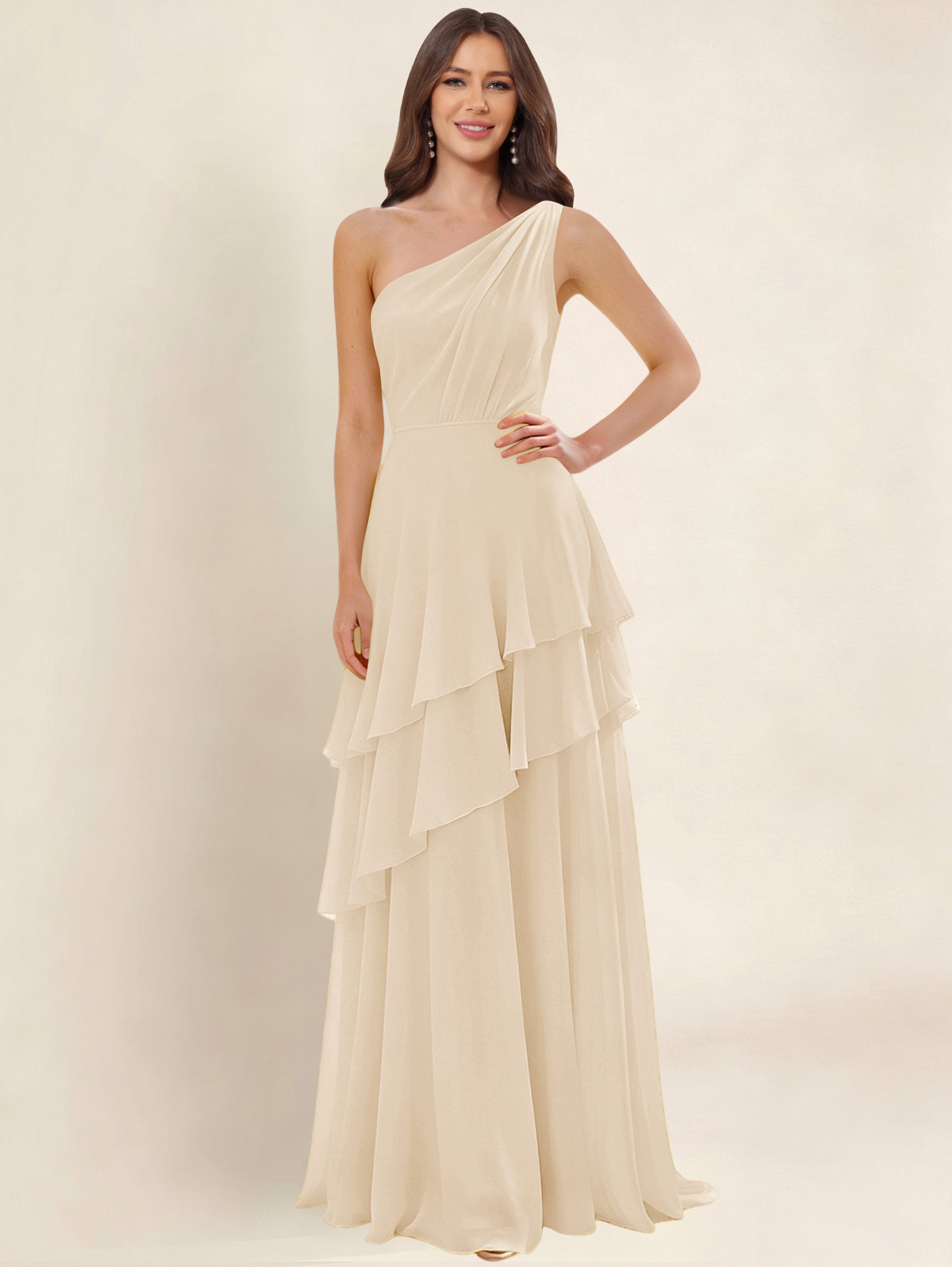 ROVDESY A-Line One Shoulder Pleated Tiered Chiffon Bridesmaid Dress