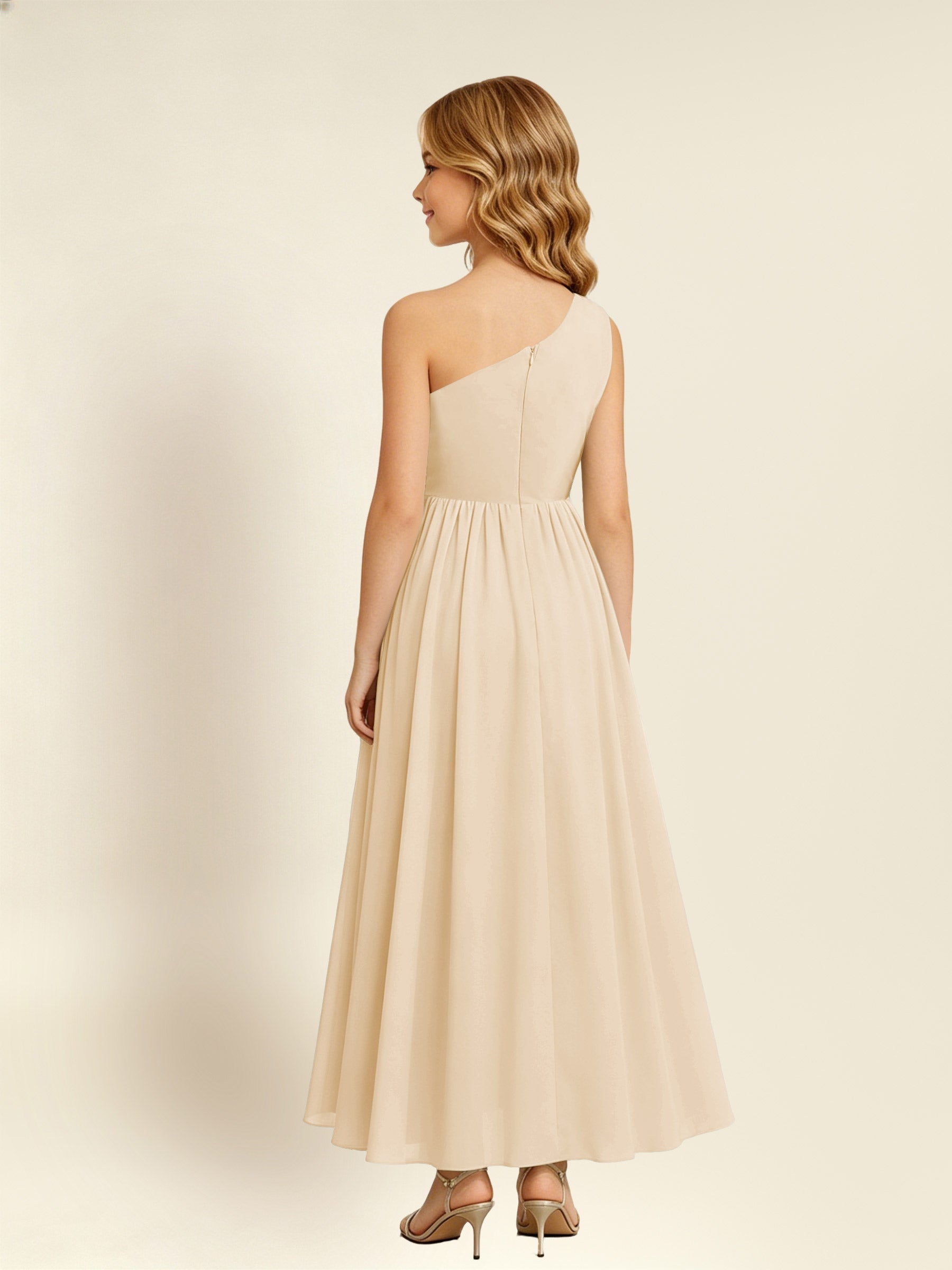 ROVDESY One Shoulder Twist Waist Chiffon Junior Bridesmaid Maxi Dress