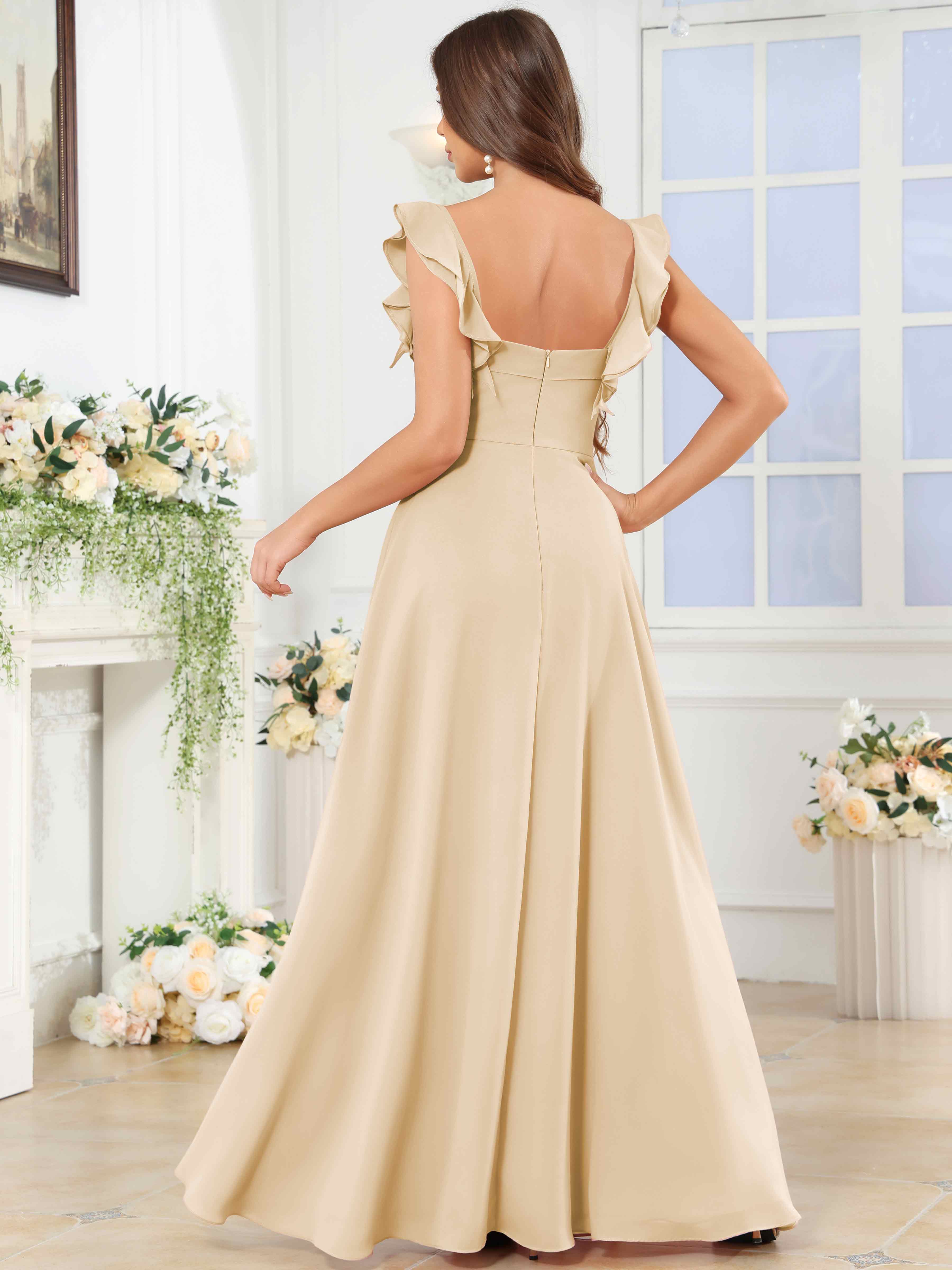 ROVDESY Square Neck Ruffle Chffion Bridesmaid Dress With Slit