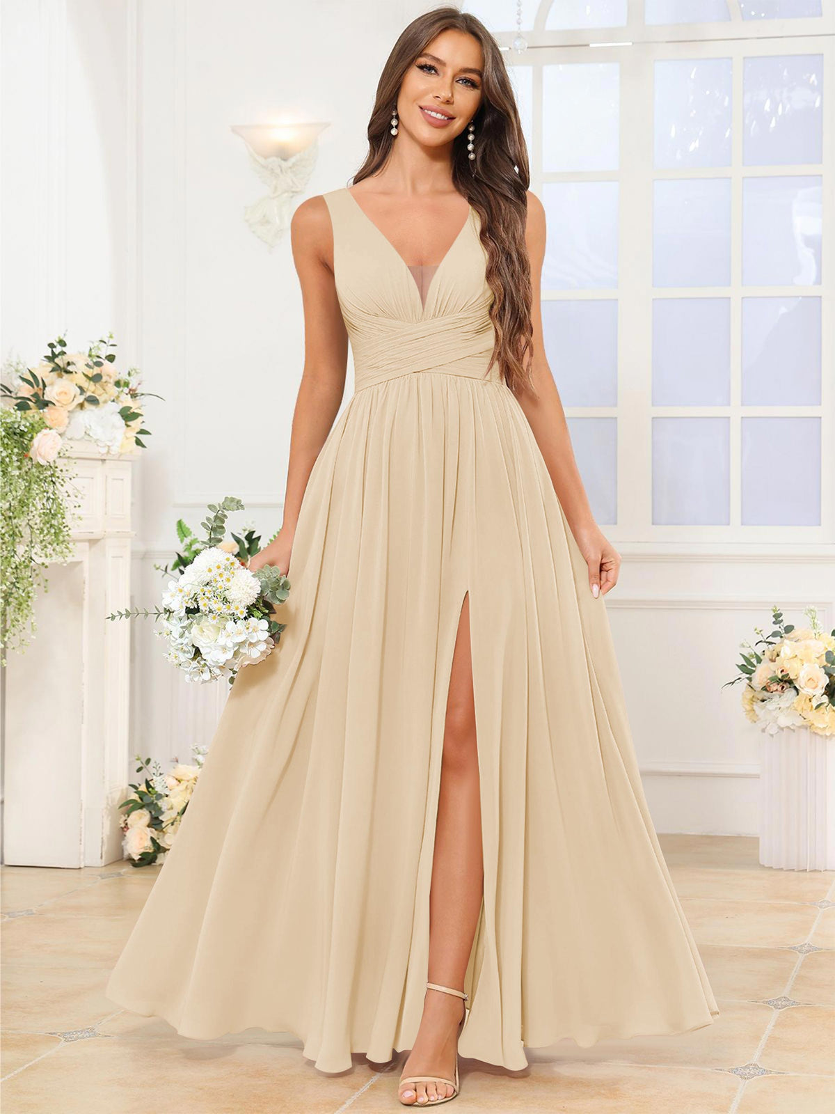 V Neck Chiffon A Line Bridesmaid Dress with Slit