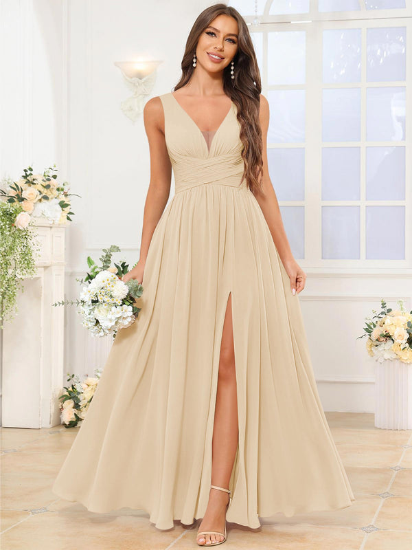 V Neck Chiffon A Line Bridesmaid Dress with Slit