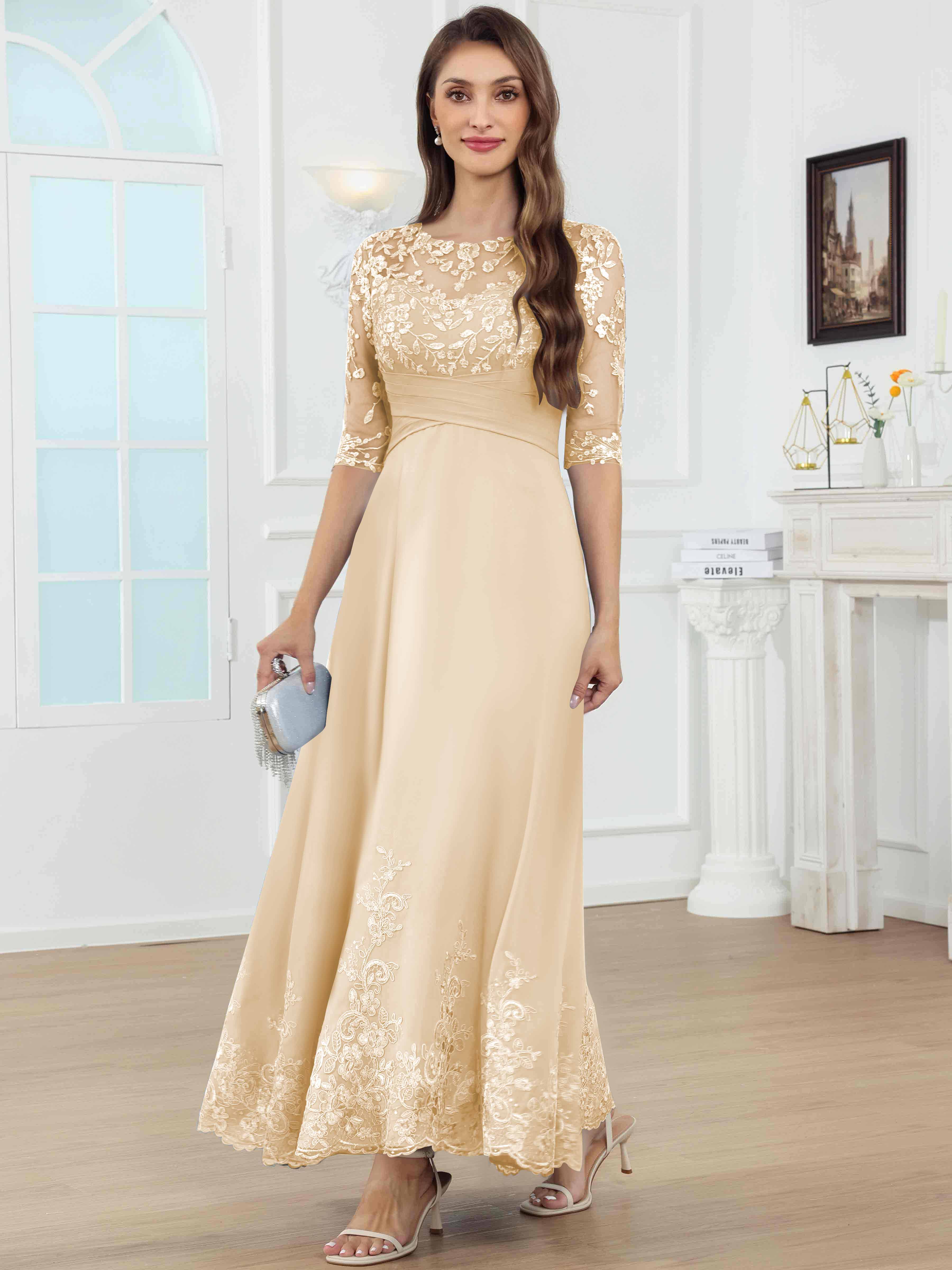 ROVDESY A-Line Lace Sequin Pleated Chiffon Mother Of The Bride Dress With Half Sleeves