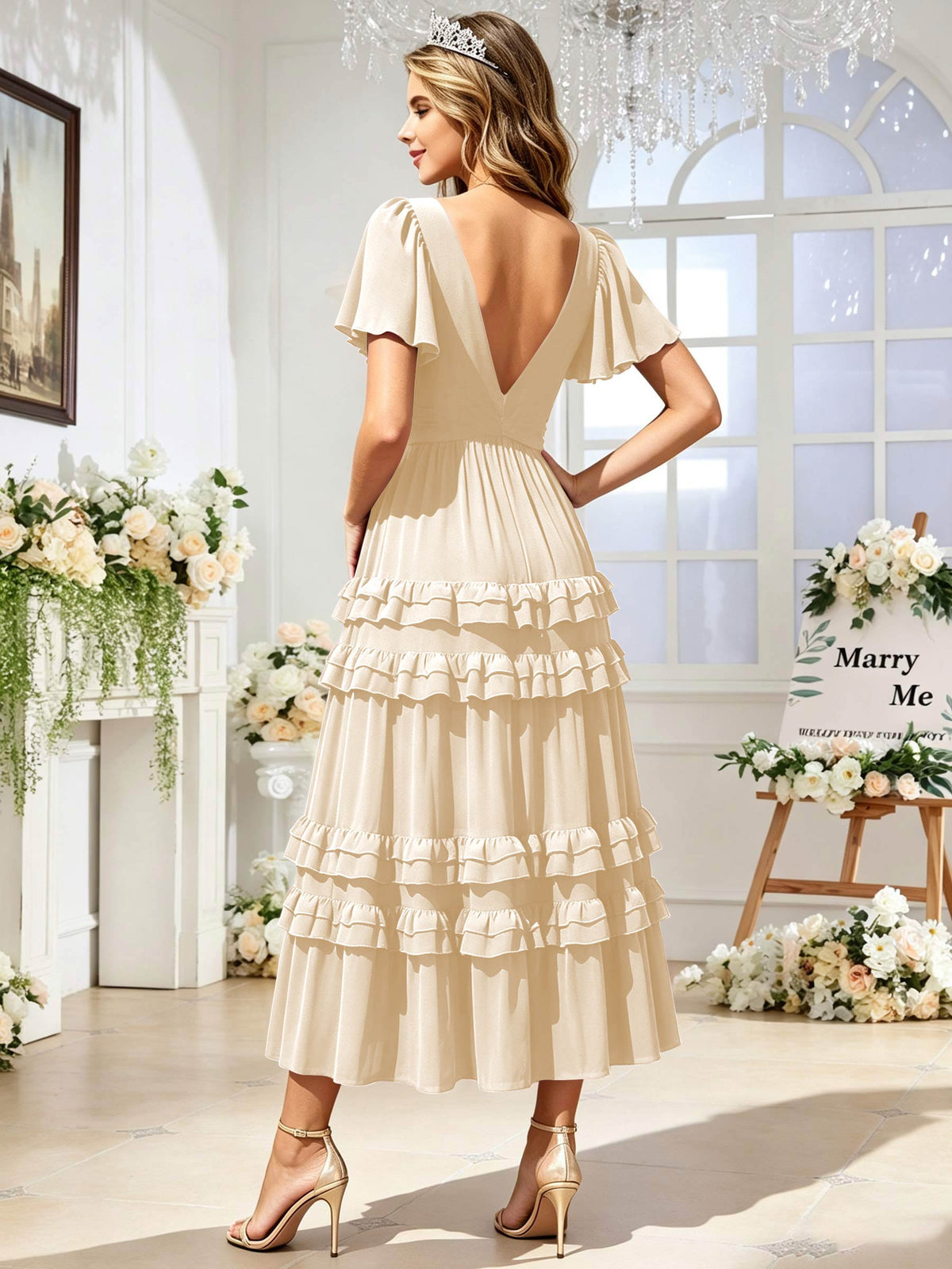 A Line Chiffon Pleated Bridesmaid Dress with Sleeves