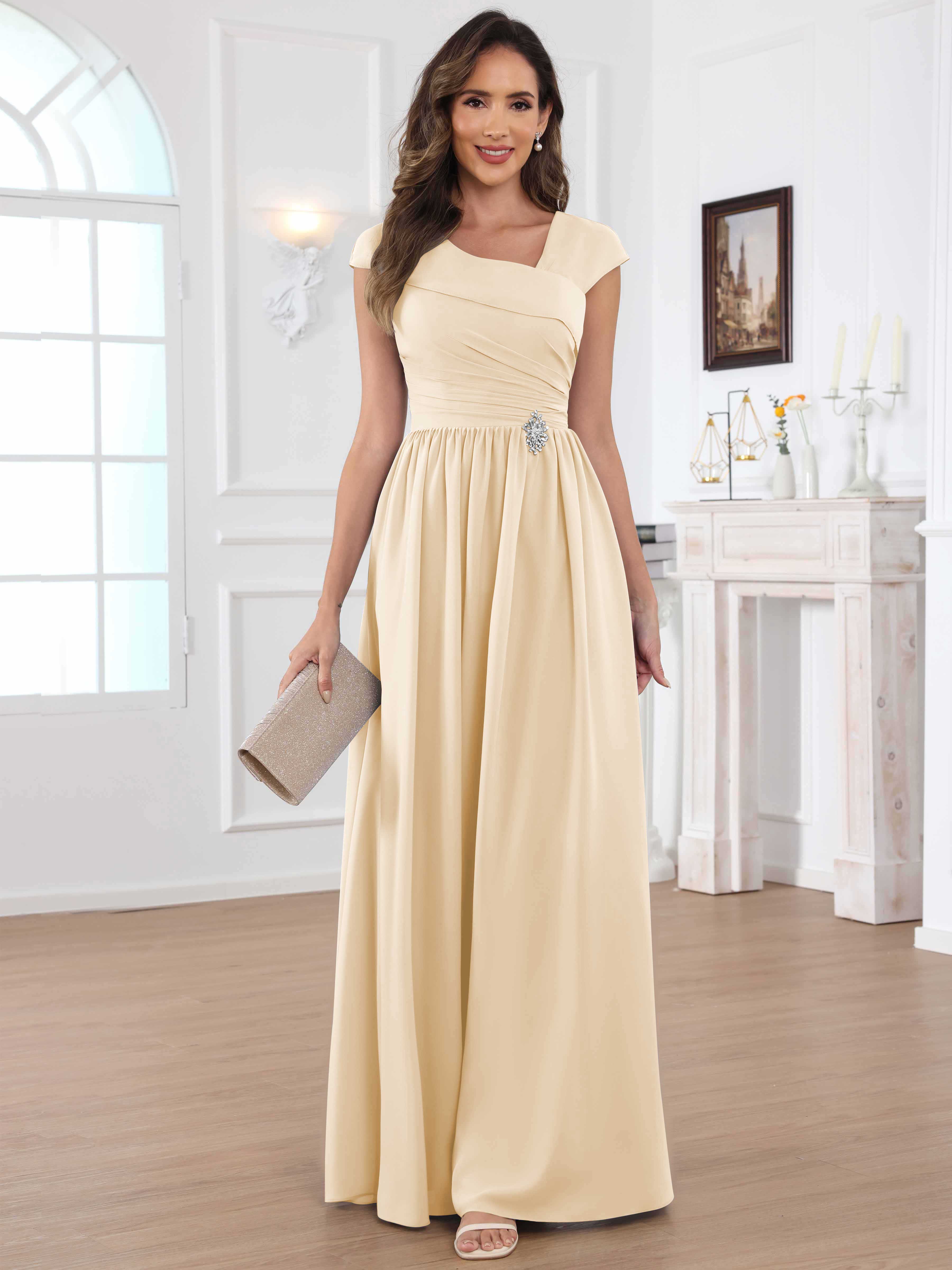 ROVDESY A-Line Cap Sleeves Pleated Chiffon Mother Of The Bride Dress