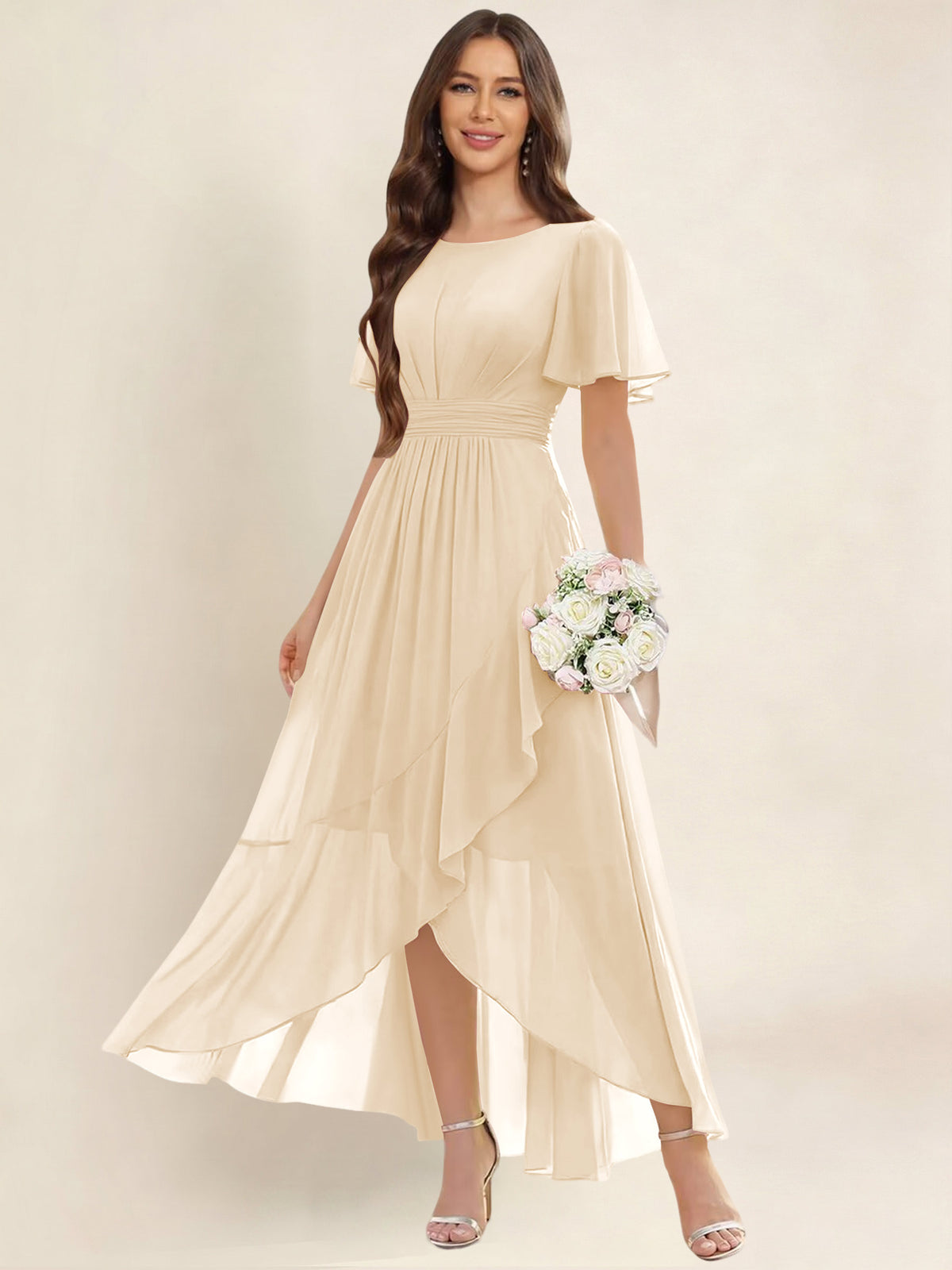 ROVDESY A-Line High Low Round Neck Pleated Ruffle Chiffon Bridesmaid Dress With Short Sleeves