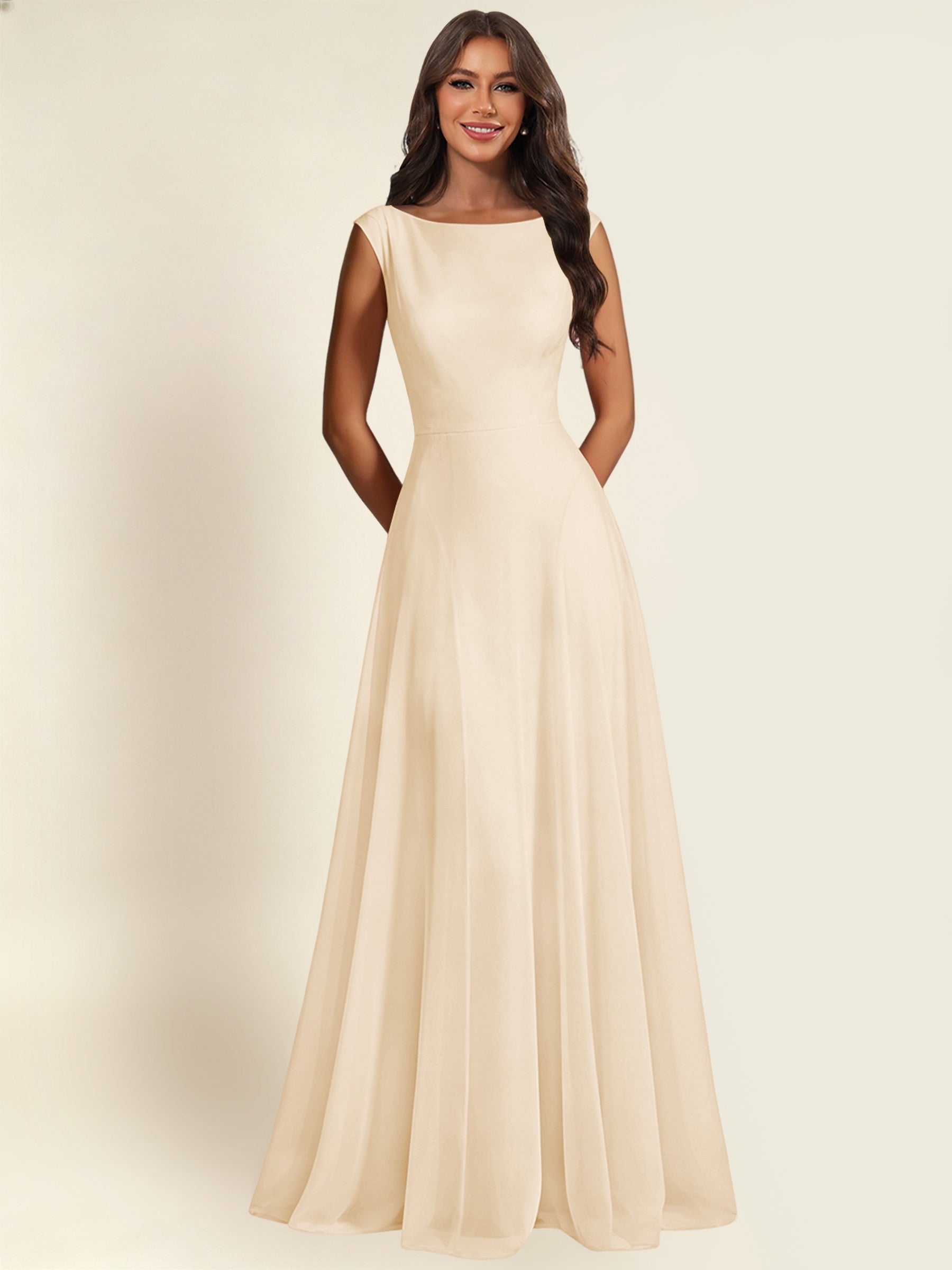 ROVDESY A-Line Chiffon Long Bridesmaid Dress With Sleeveless