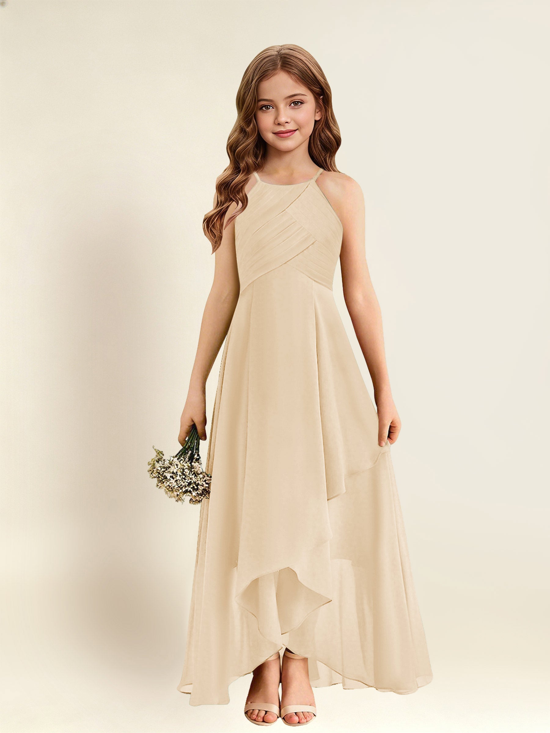 ROVDESY A-Line Halter Pleated Chiffon Junior Bridesmaid Dress