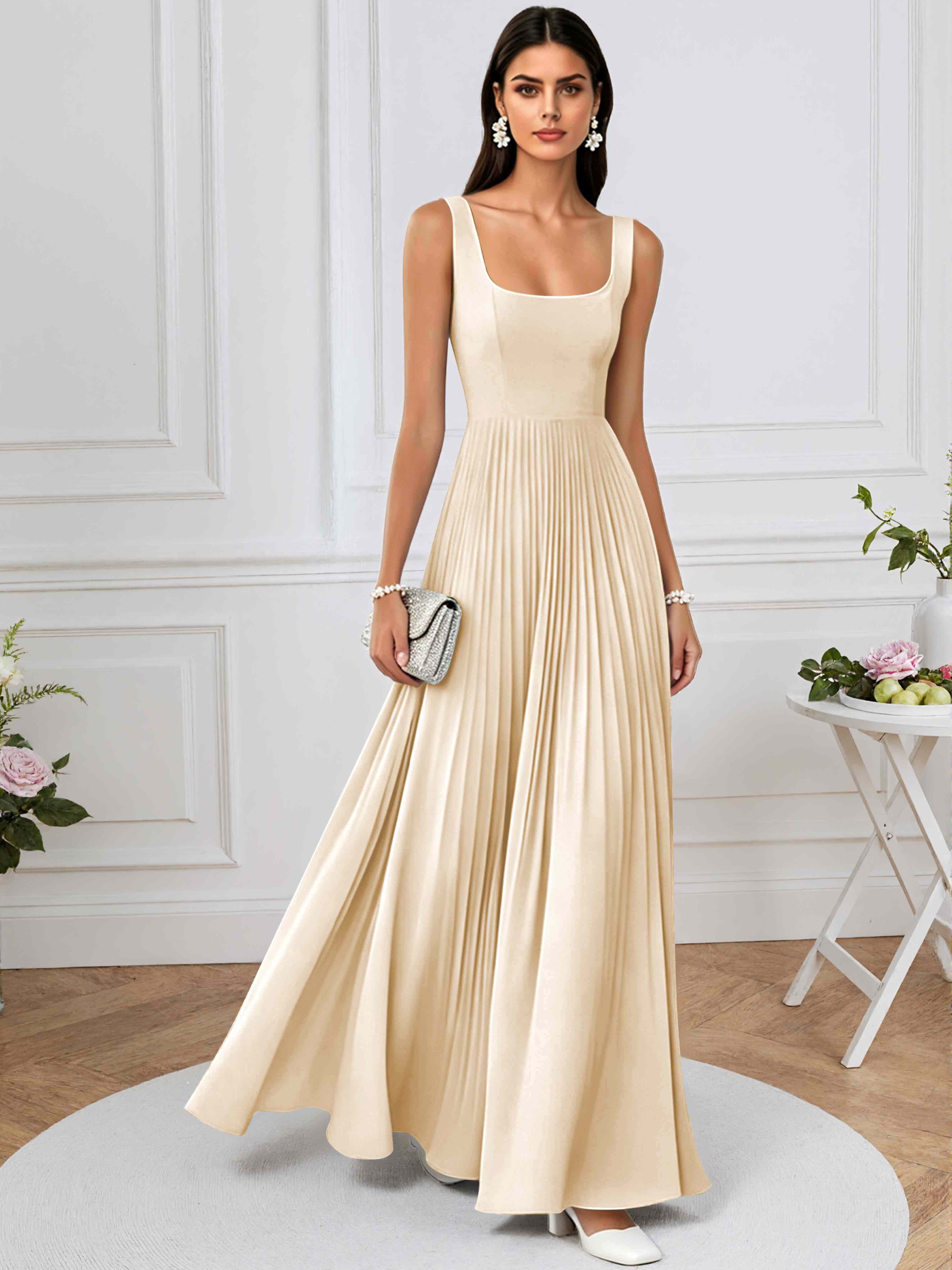 ROVDESY A-Line Square Neck Pleated Chiffon Long Bridesmaid/Prom Dress