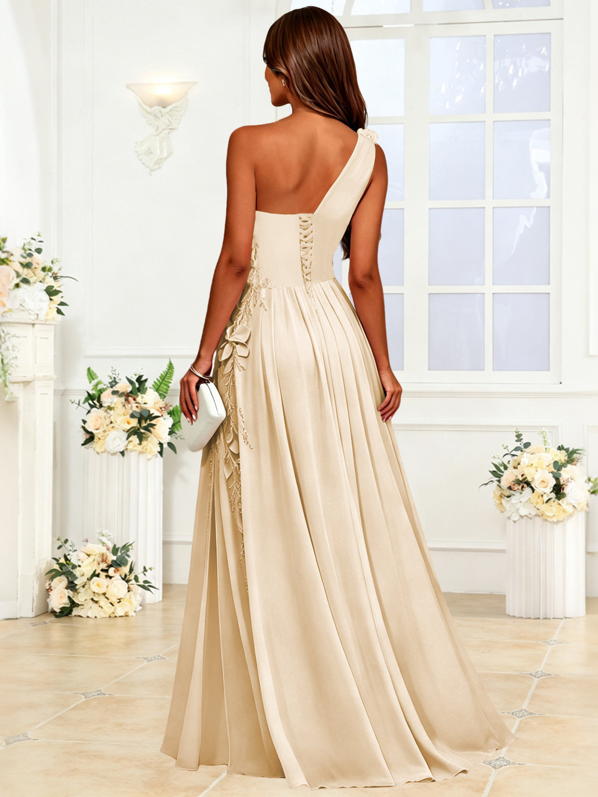 One Shoulder 3D Flower Chiffon Bridesmaid Dress with Slit