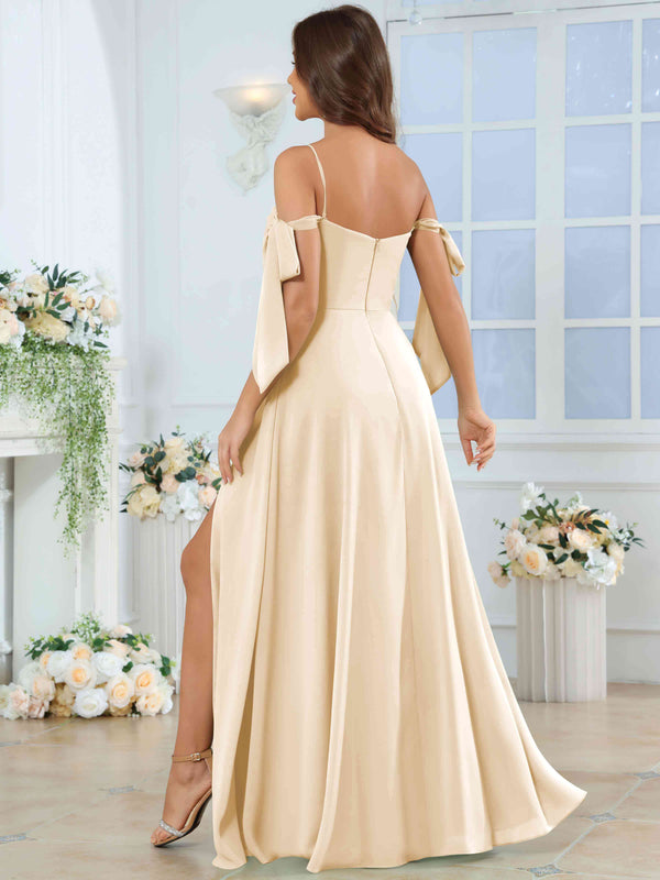 Spaghetti Strap Pleated Ruffle Slit Chiffon Bridesmaid Dress With Bow Sleeves