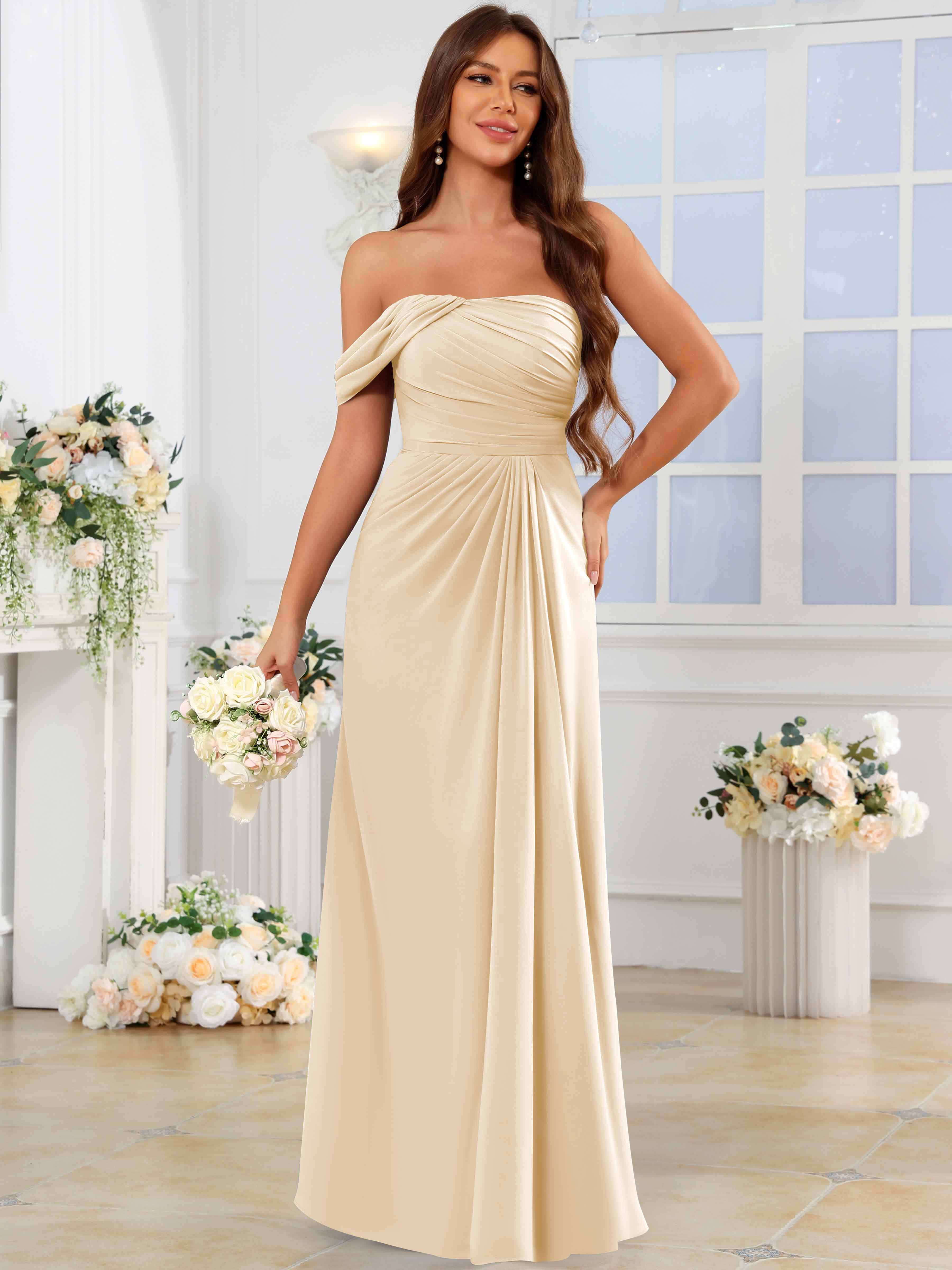 ROVDESY One Shoulder Off The Shoulder Pleated Chiffon Bridesmaid Dress